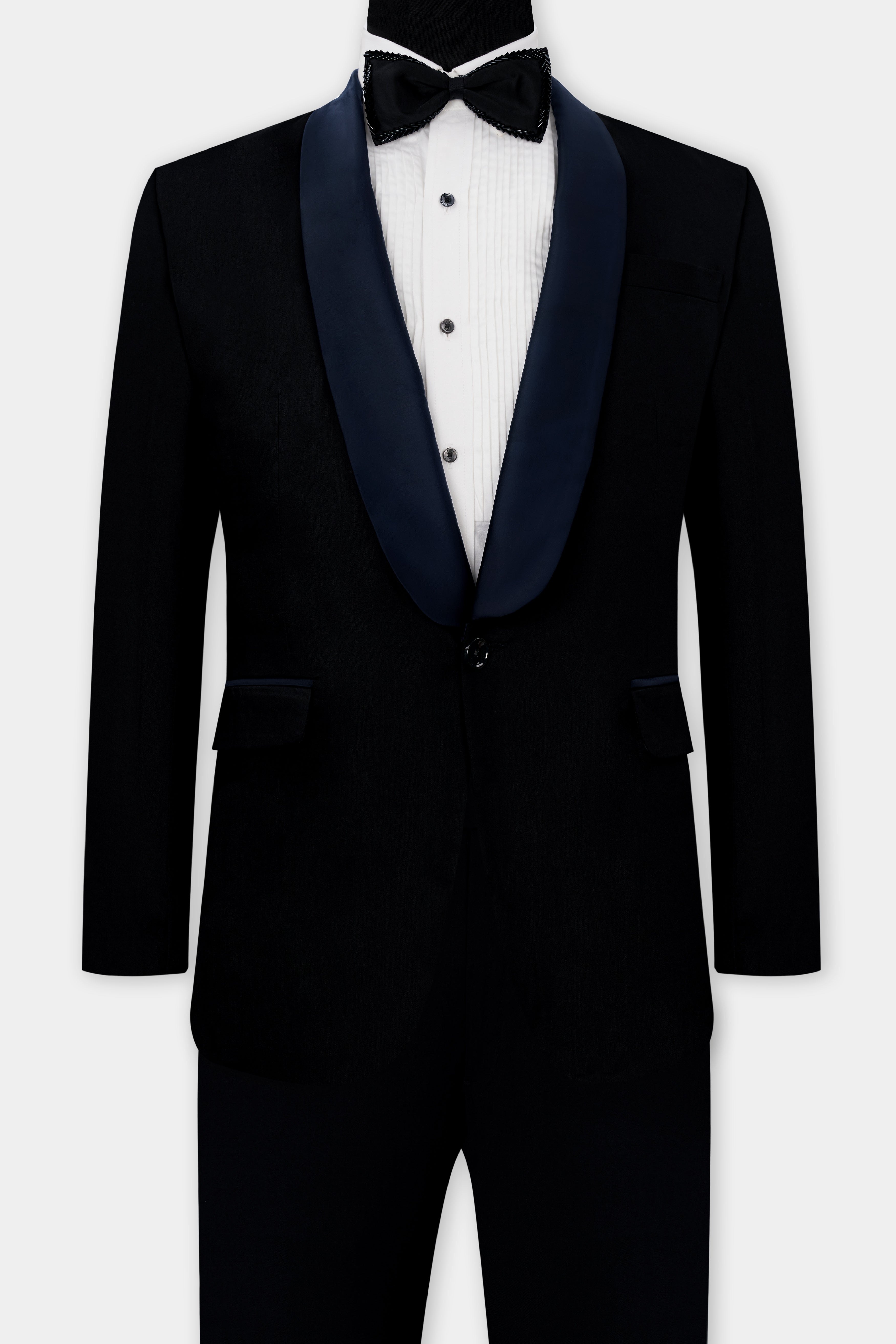 Jade Black Stretchable Subtle Sheen with Blue lapel Tuxedo Suit