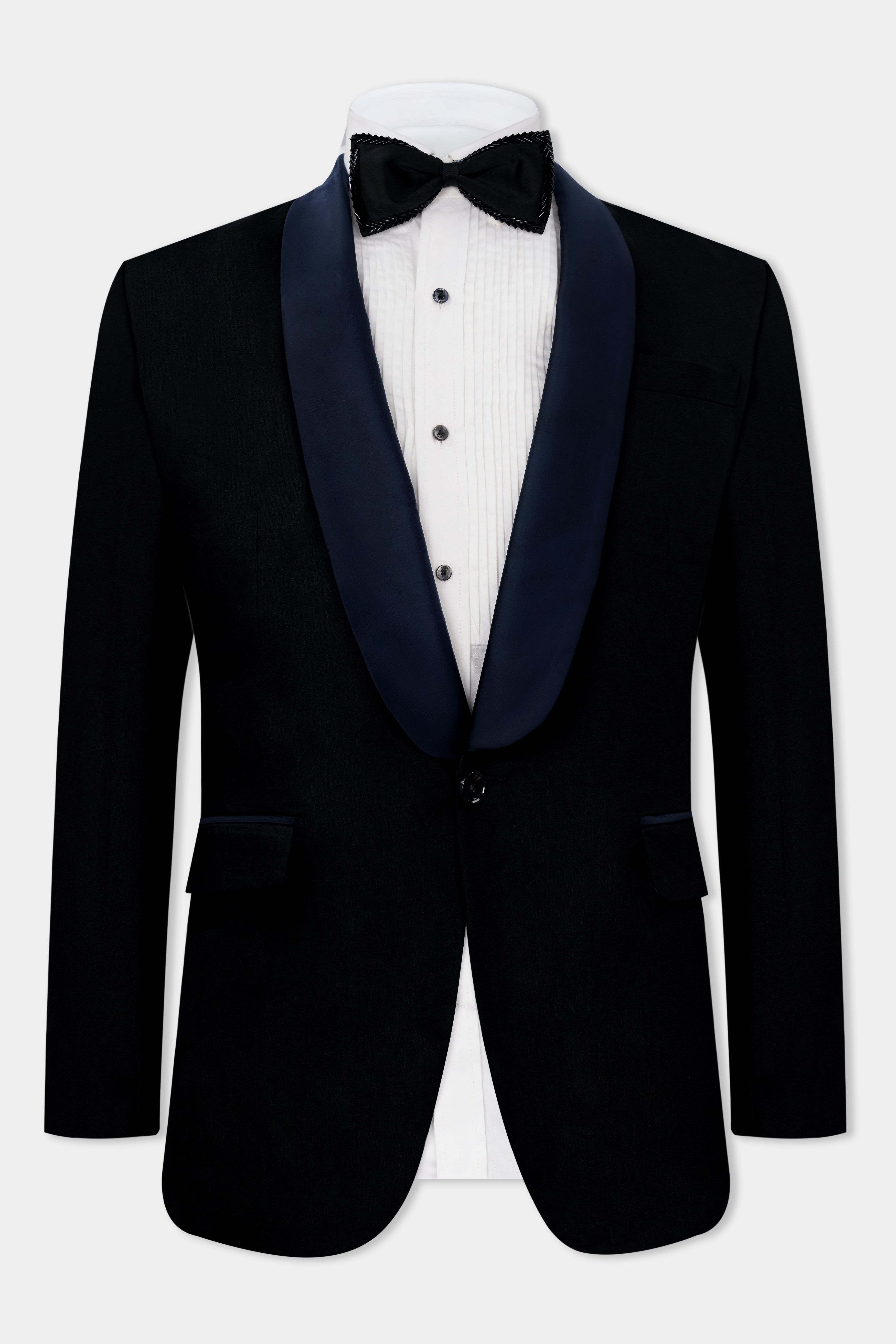 Jade Black Stretchable Subtle Sheen with Blue lapel Tuxedo Suit