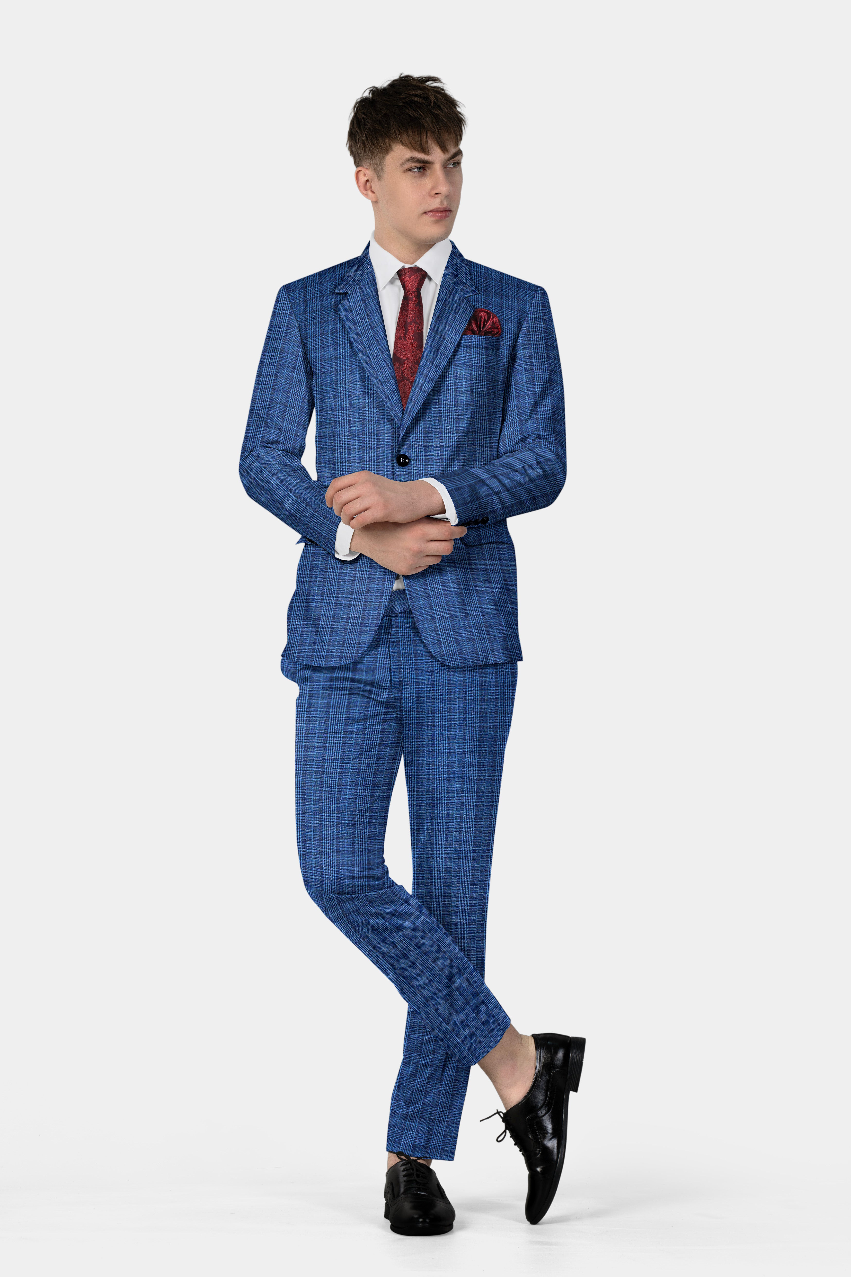 Mid Blue Plaid Formal Pant