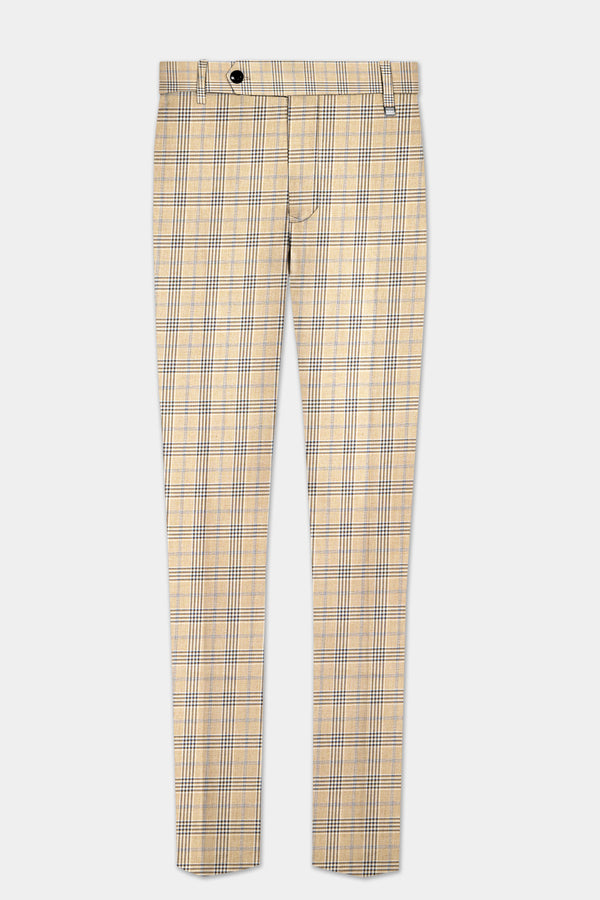 Cameo Cream Plaid Super Fine Wool Blend Stretchable Waistband Pant