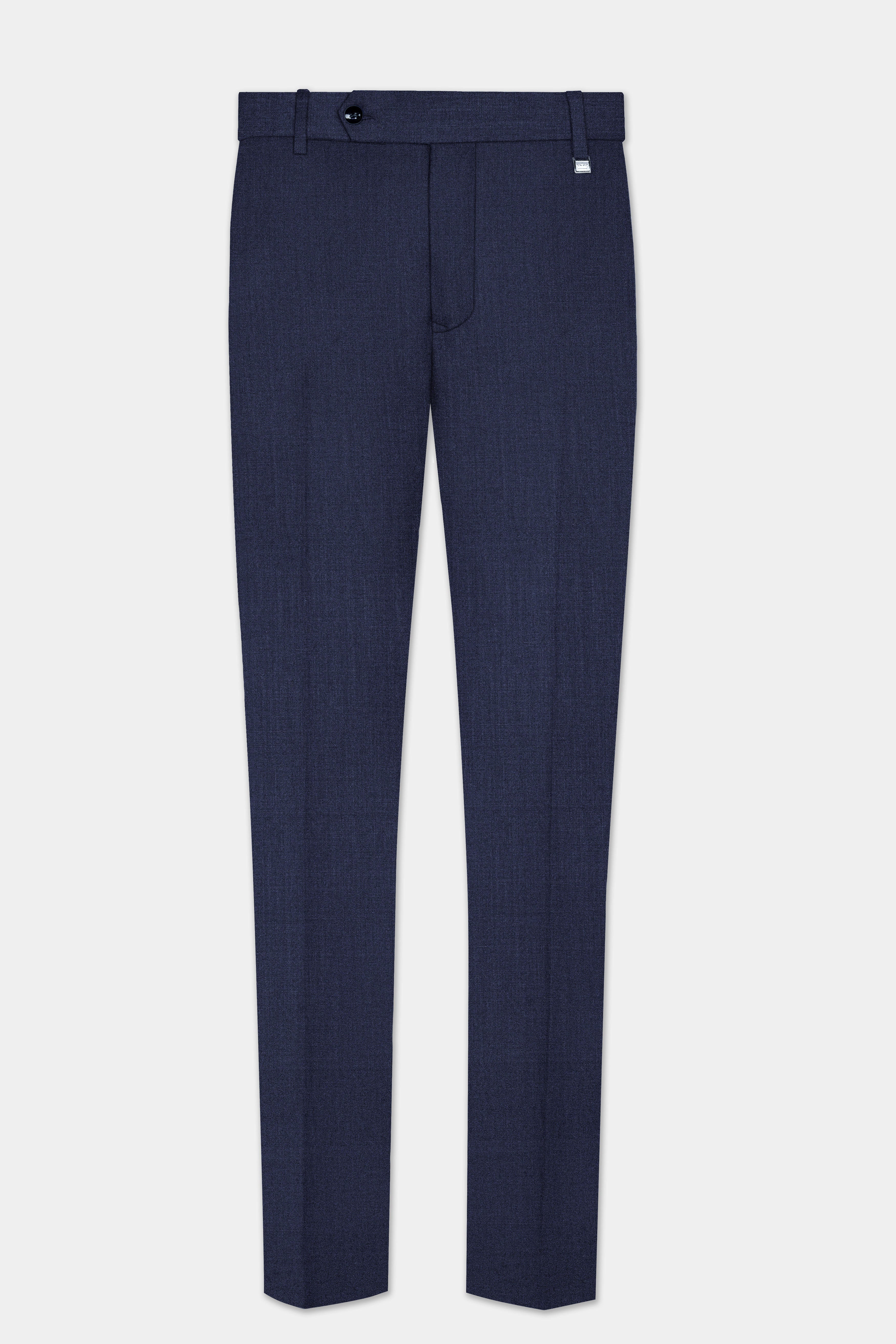 Mizzoni Blue Solid Wool Blend Stretchable Waistband Pant