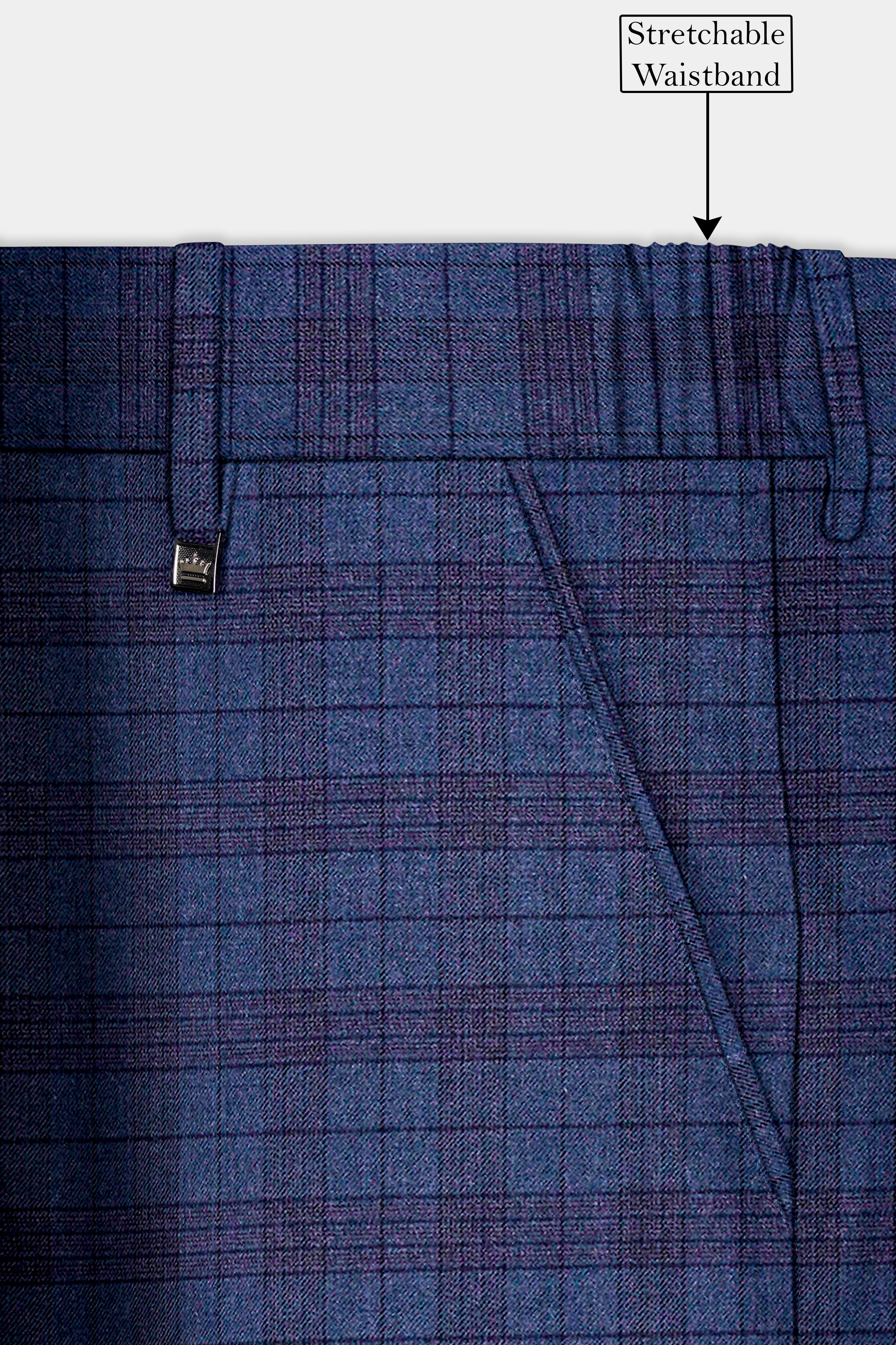 Martinique Blue Plaid Wool Blend Stretchable Waistband Pant