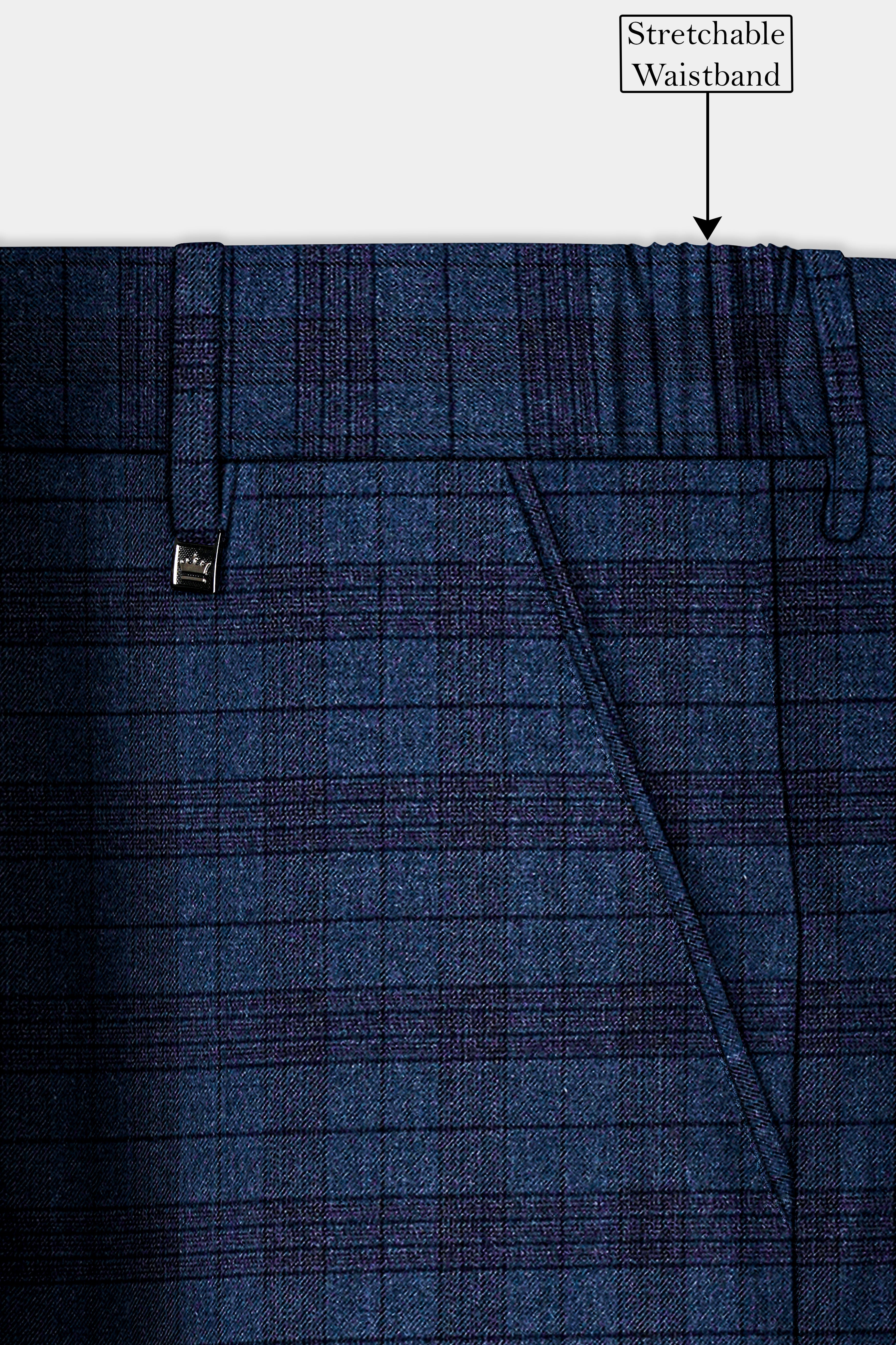 Martinique Blue Plaid Wool Blend Stretchable Waistband Pant