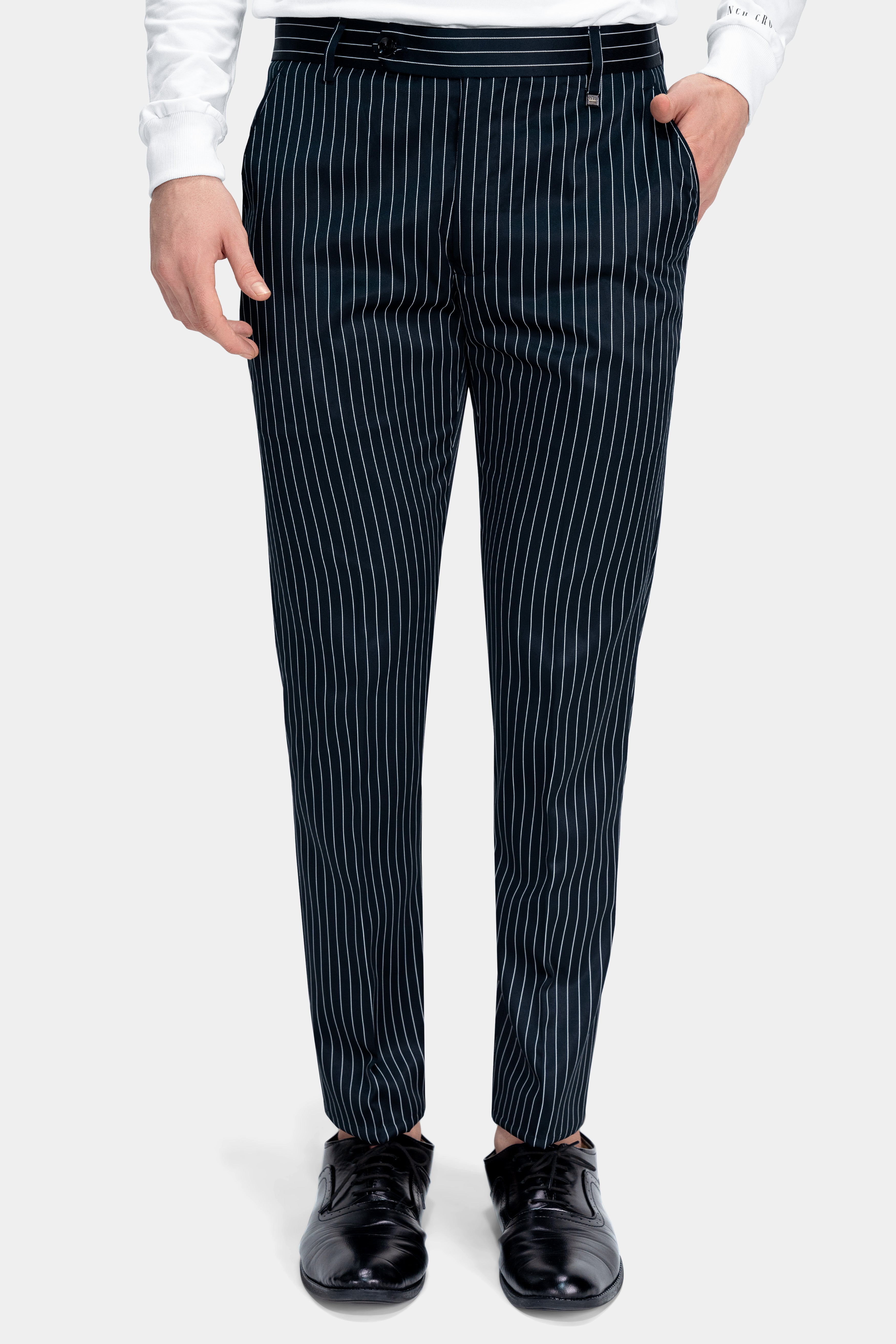 Gunmetal Blue with White Striped Wool Rich Pant T2772-28, T2772-30, T2772-32, T2772-34, T2772-36, T2772-38, T2772-40, T2772-42, T2772-44