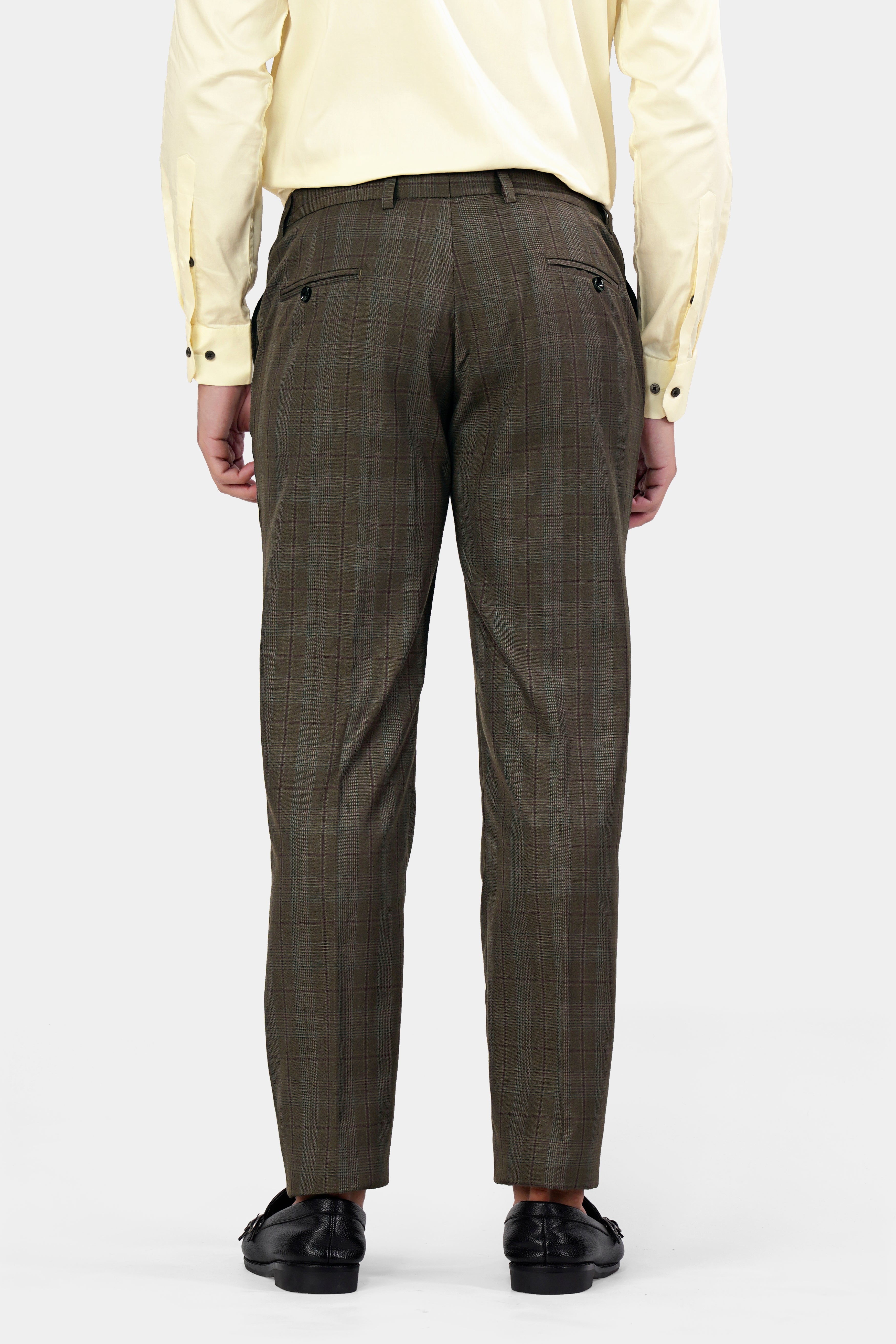 Fuscous Green and Bistre Brown Plaid Wool Rich Stretchable Pant T2951-SW-28, T2951-SW-30, T2951-SW-32, T2951-SW-34, T2951-SW-36, T2951-SW-38, T2951-SW-40, T2951-SW-42, T2951-SW-44 