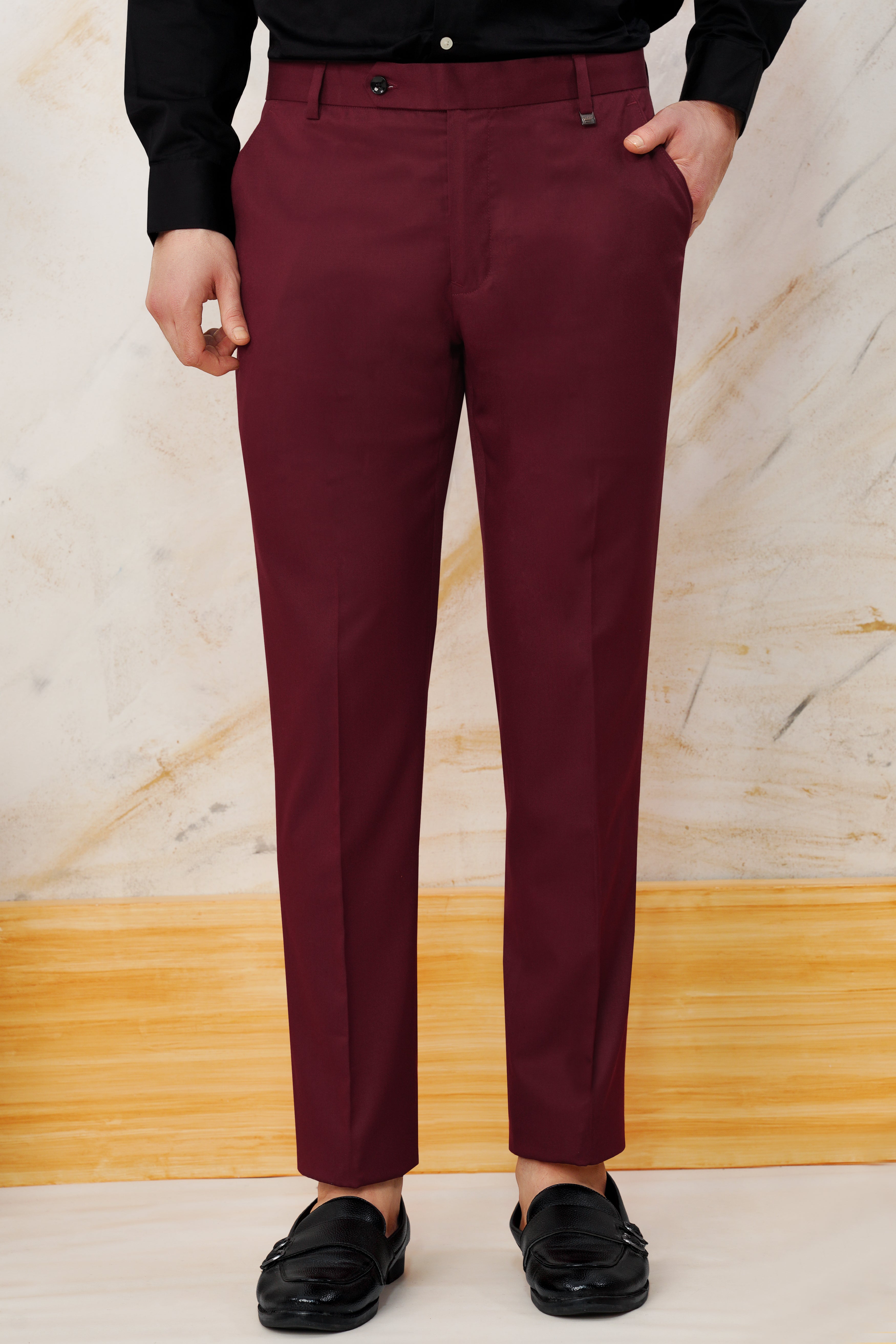 Bordeaux Maroon Plain-Solid Premium Wool Blend Pant For Men