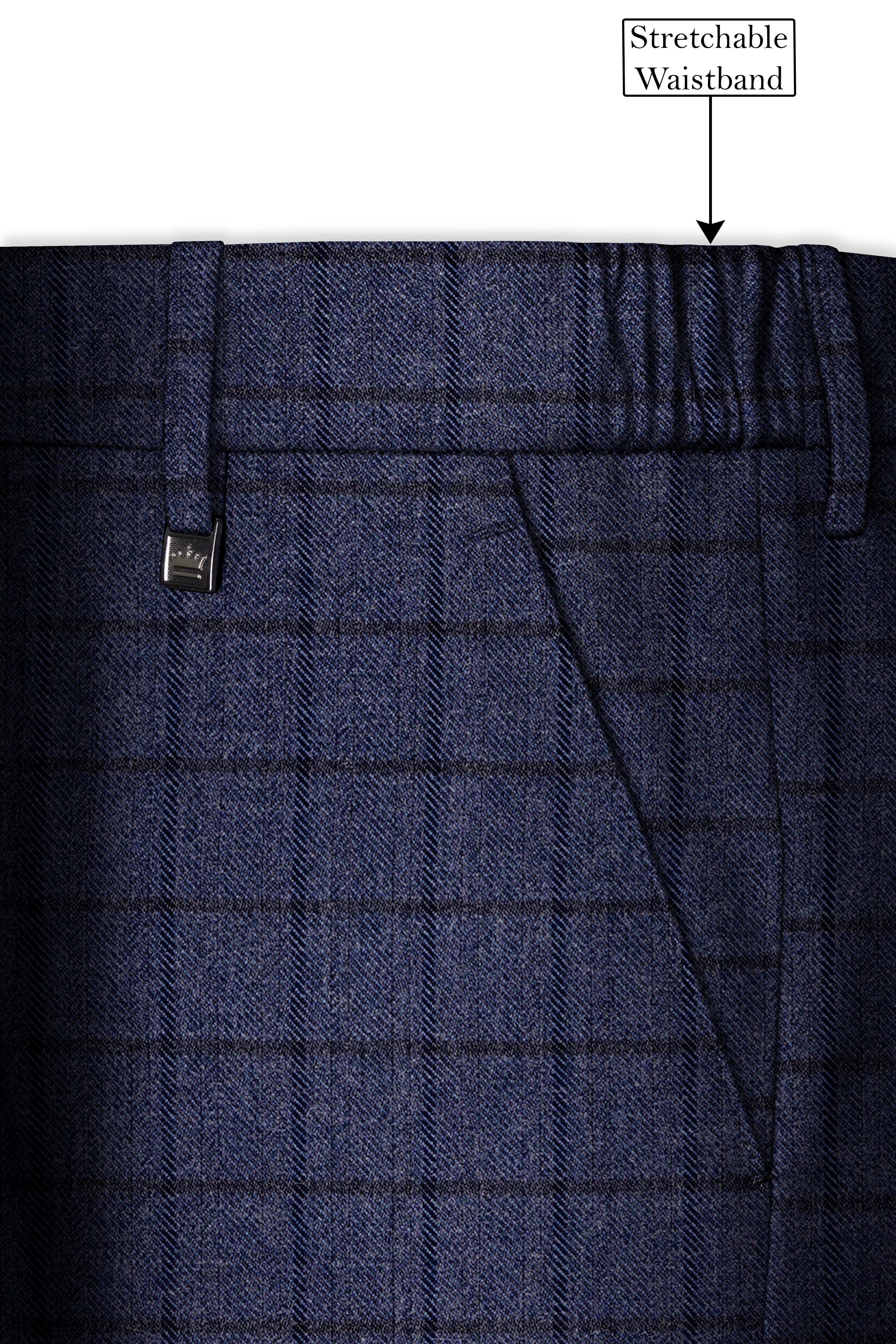 Ebony Clay Blue Windowpane Tweed Stretchable Waistband Pant