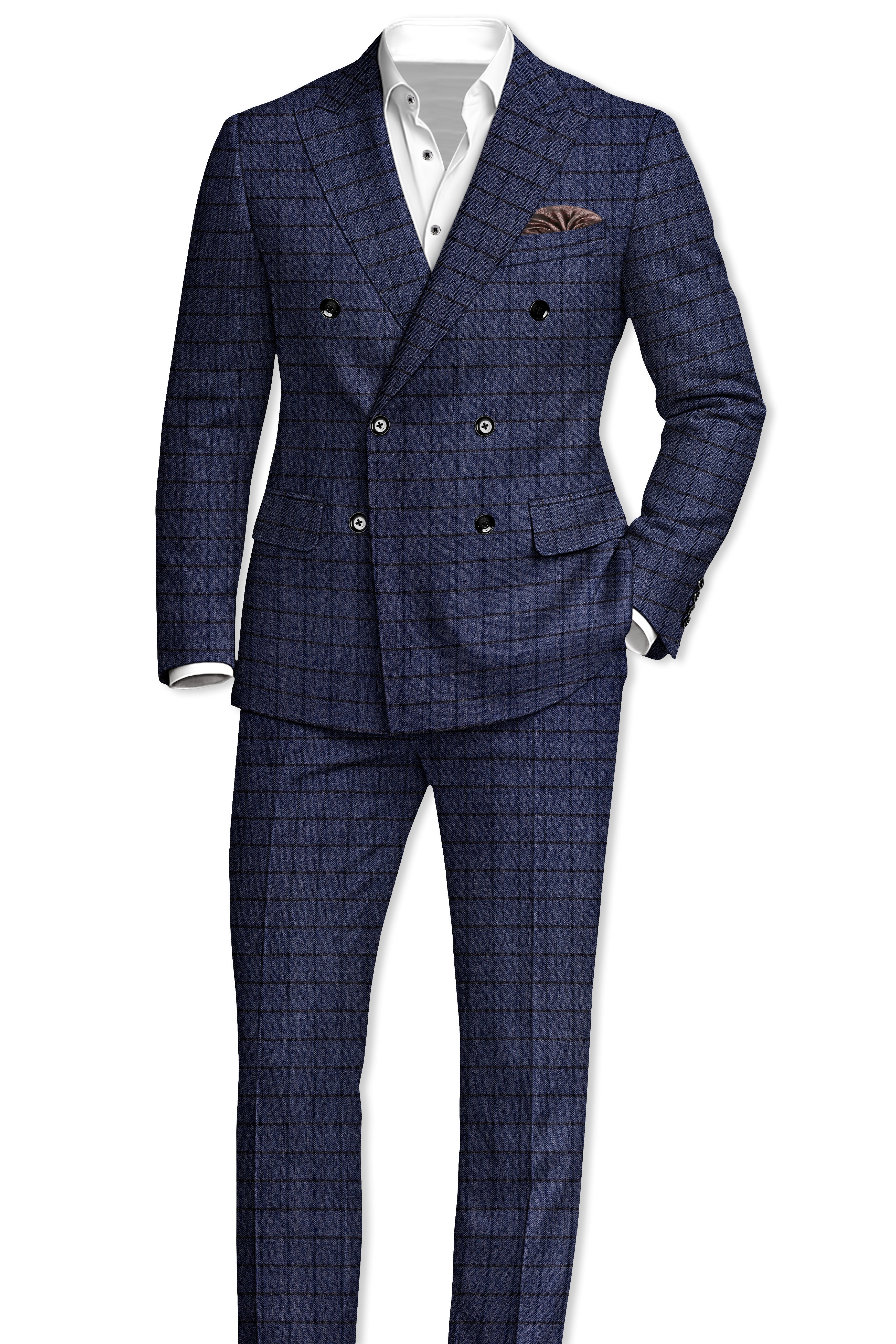 Ebony Clay Blue Windowpane Tweed Stretchable Waistband Pant