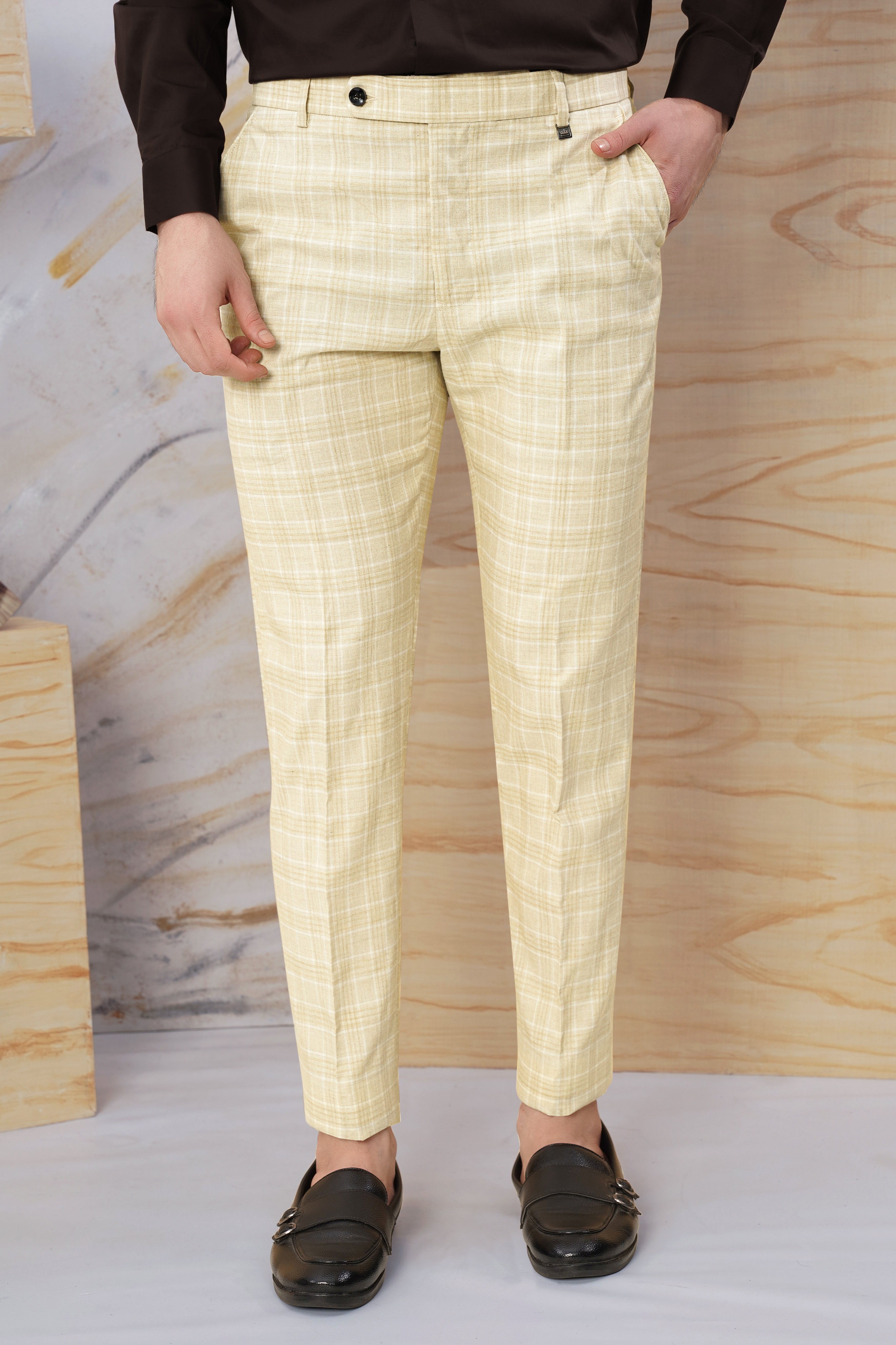 Hampton Beige Checks-Plaid Premium Wool Blend Pant For Men