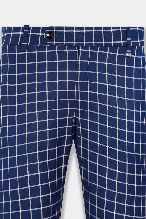 Marine Blue and White Windowpane Wool Rich Stretchable Waistband Pant