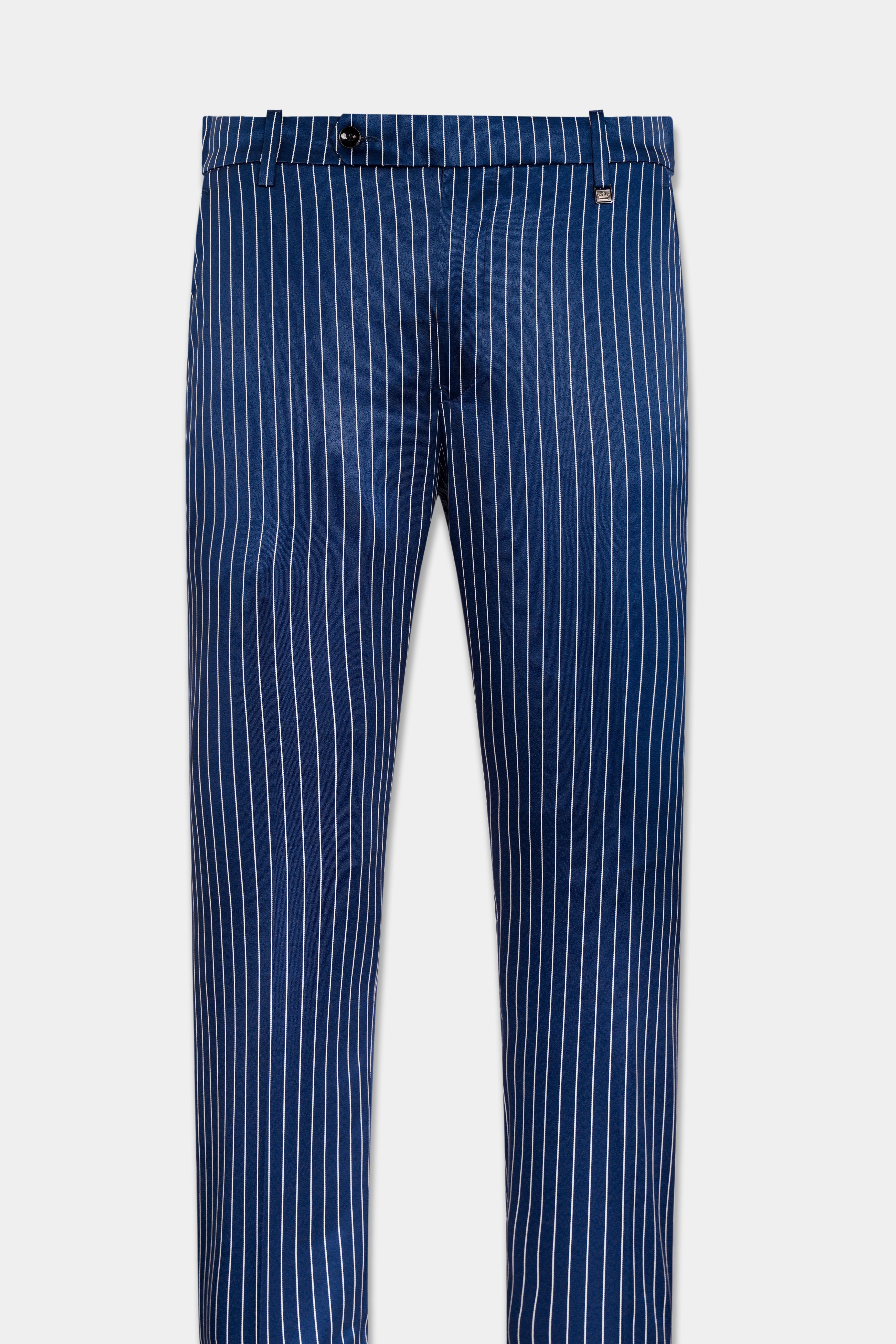 Cinder Blue and White Striped Wool Rich Stretchable Waistband Pant