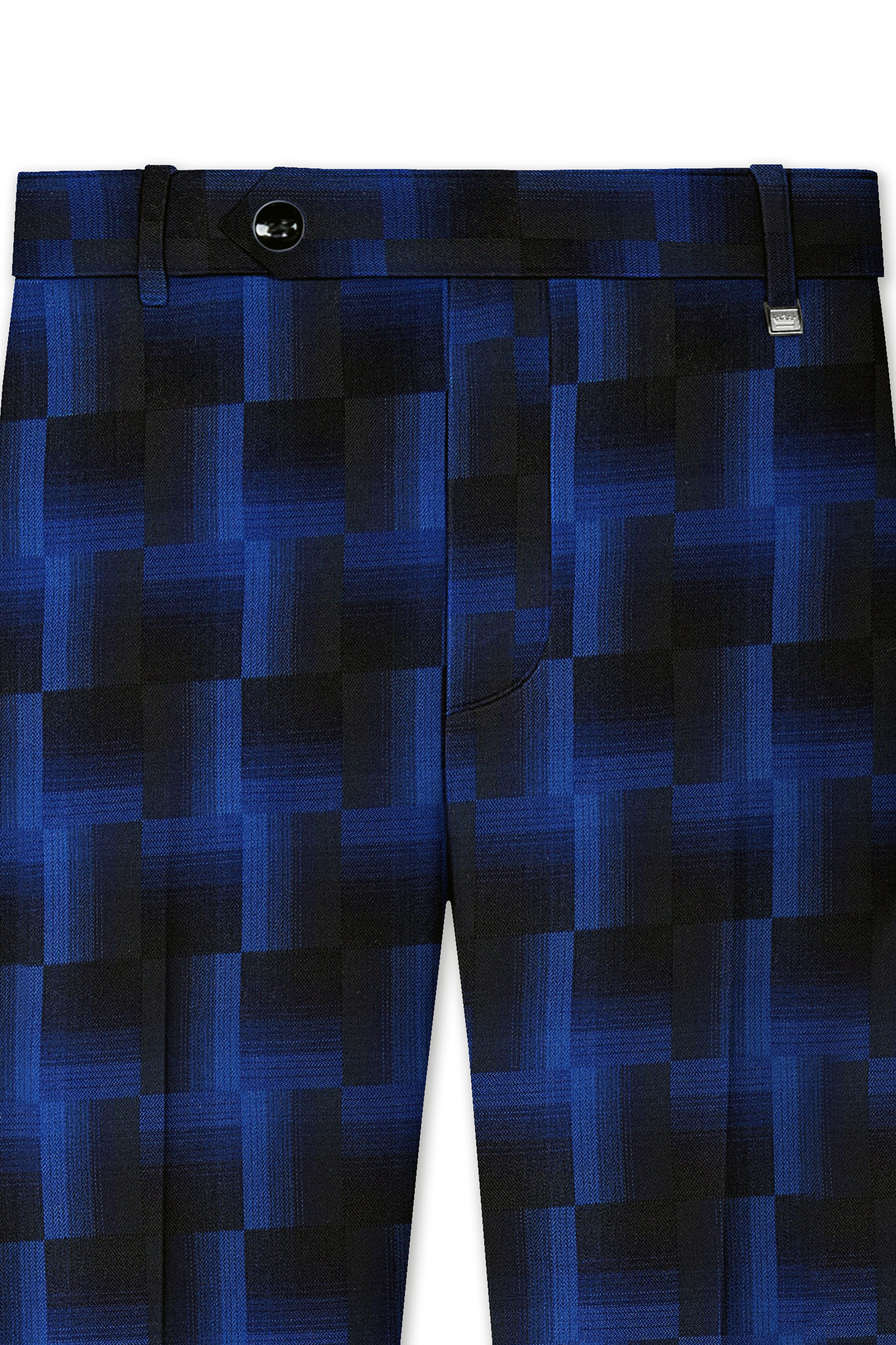 Marine Blue and Black Geometric Pattern Wool Rich Stretchable Waistband Pant