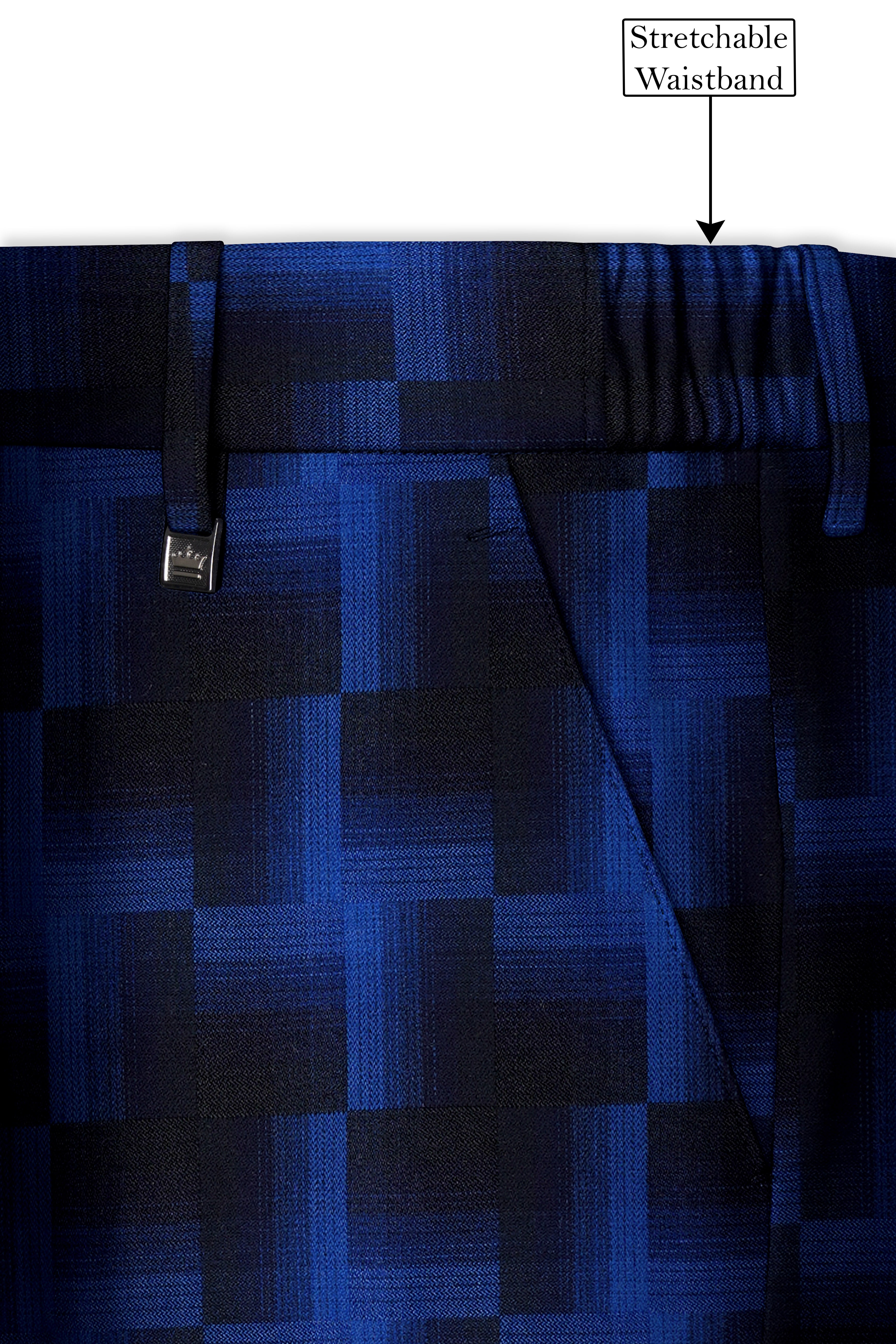 Marine Blue and Black Geometric Pattern Wool Rich Stretchable Waistband Pant