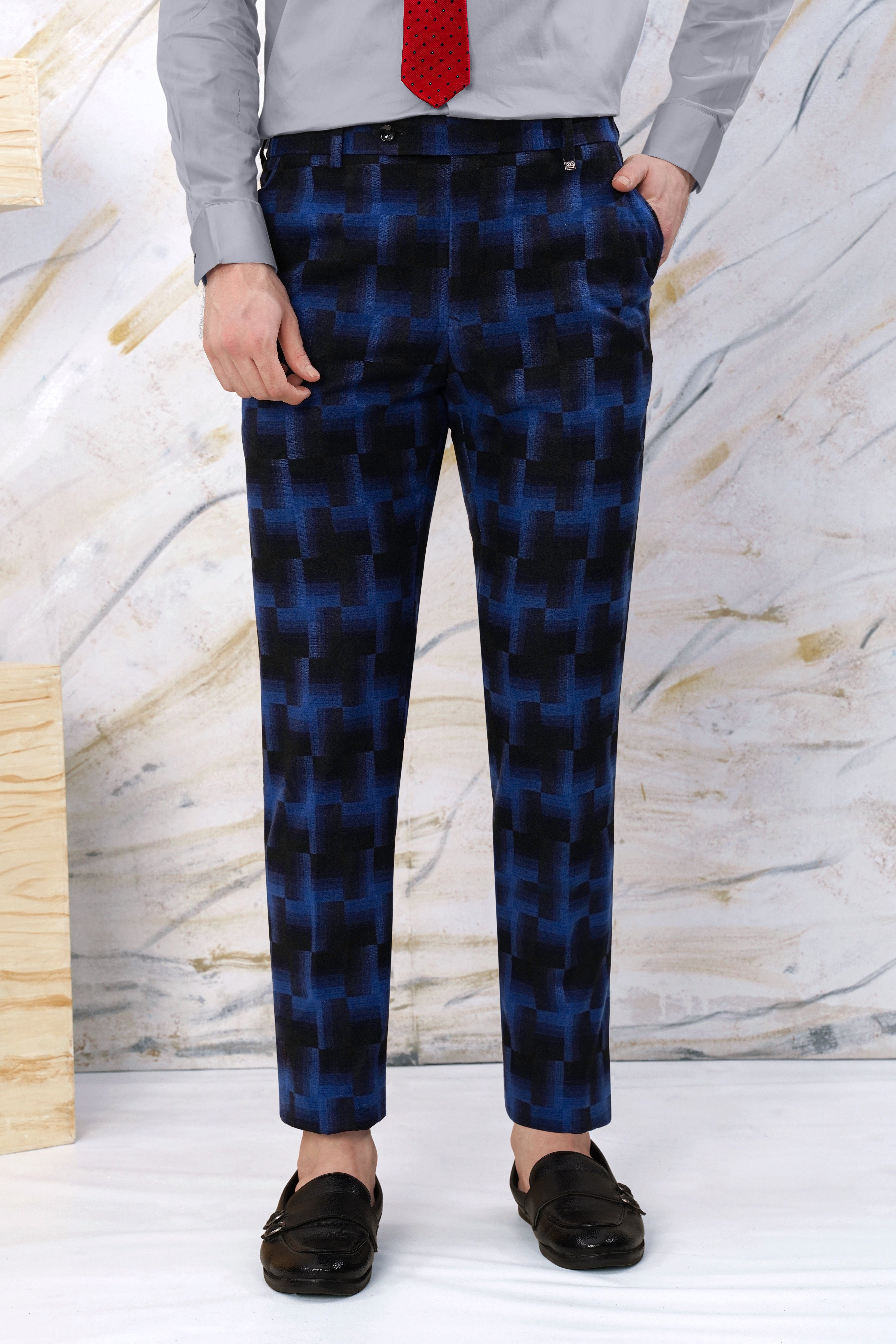 Marine Blue and Black Geometric Pattern Wool Rich Stretchable Waistband Pant