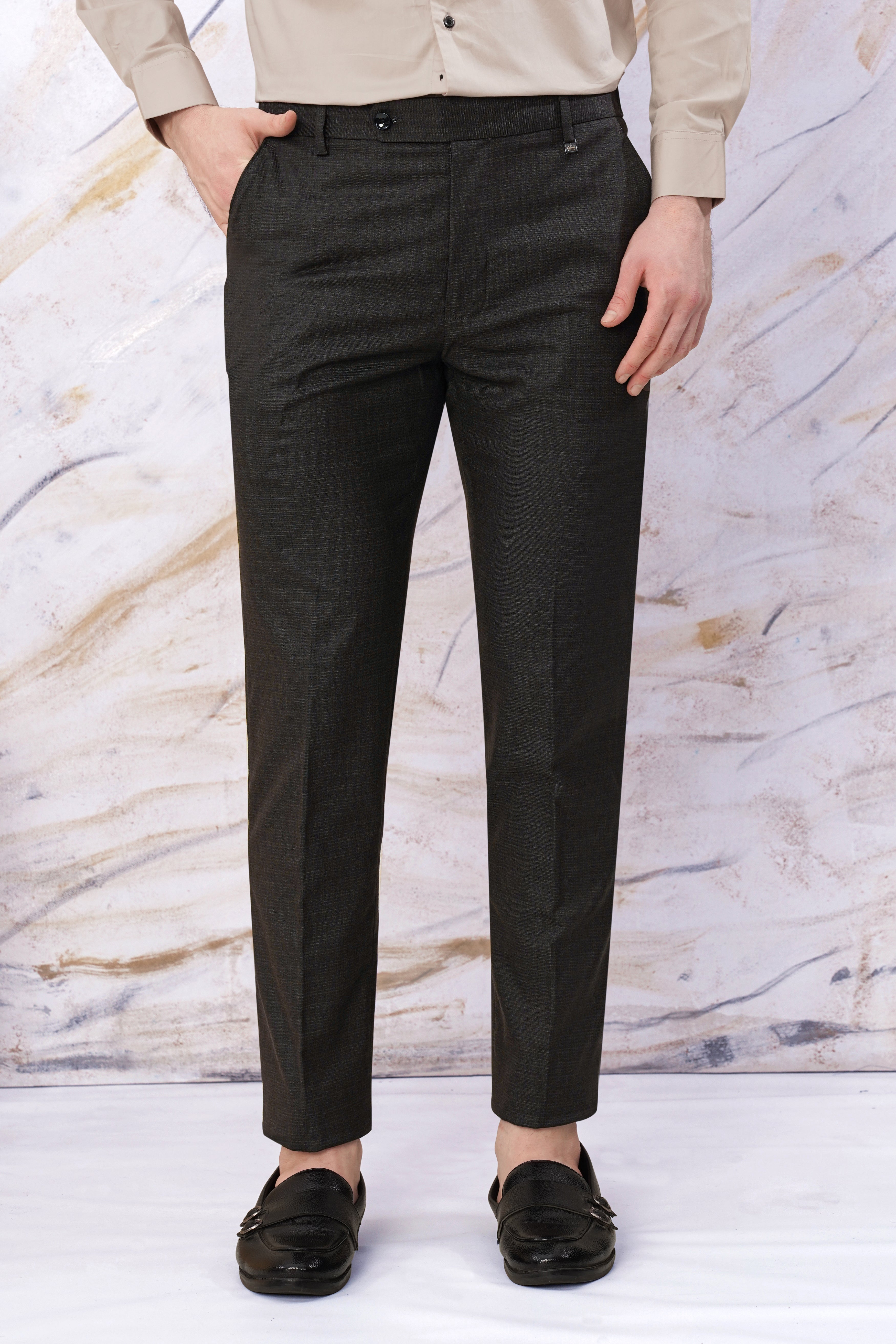 Zeus Black Subtle Checkered Wool Rich Stretchable Waistband Pant