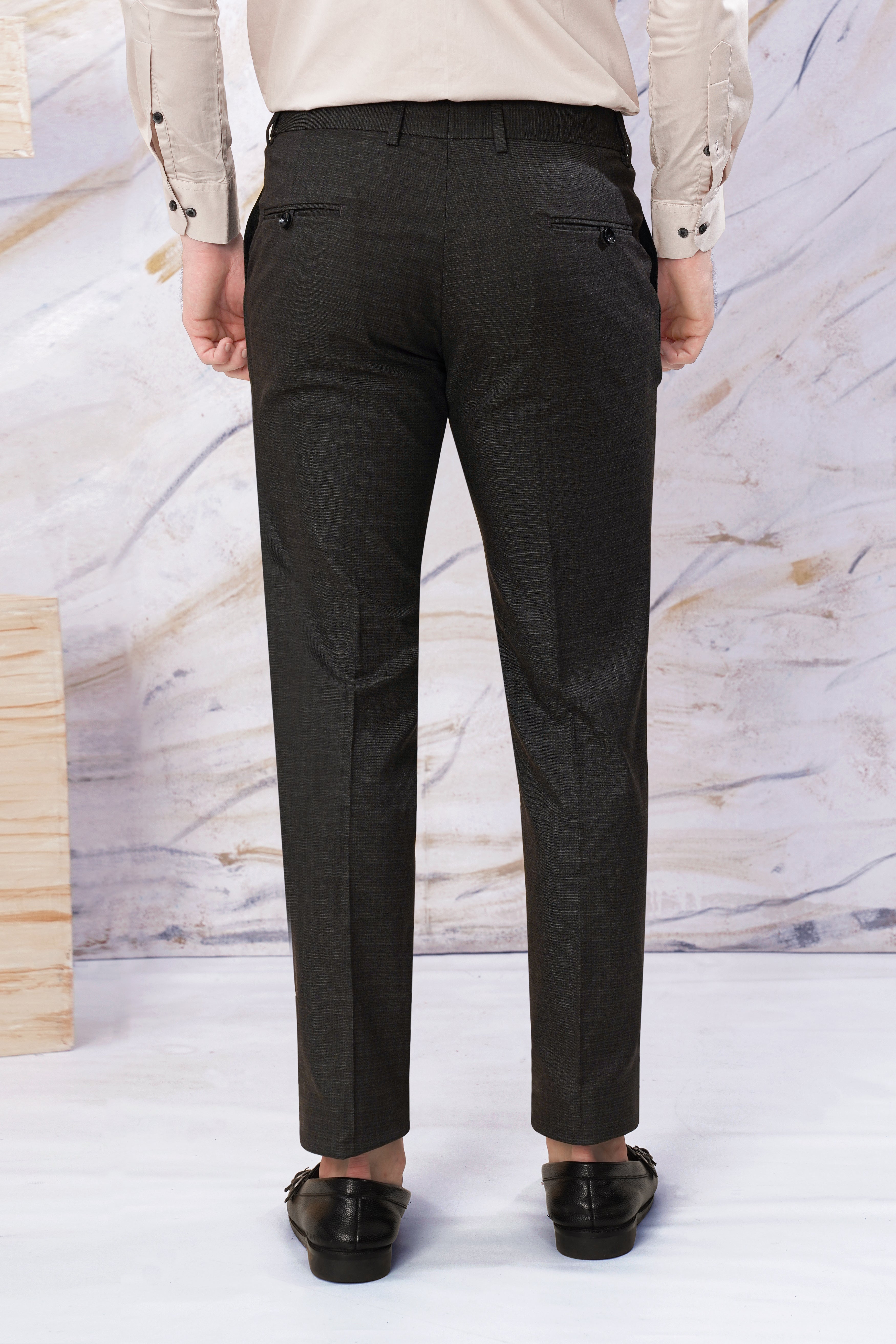 Zeus Black Subtle Checkered Wool Rich Stretchable Waistband Pant