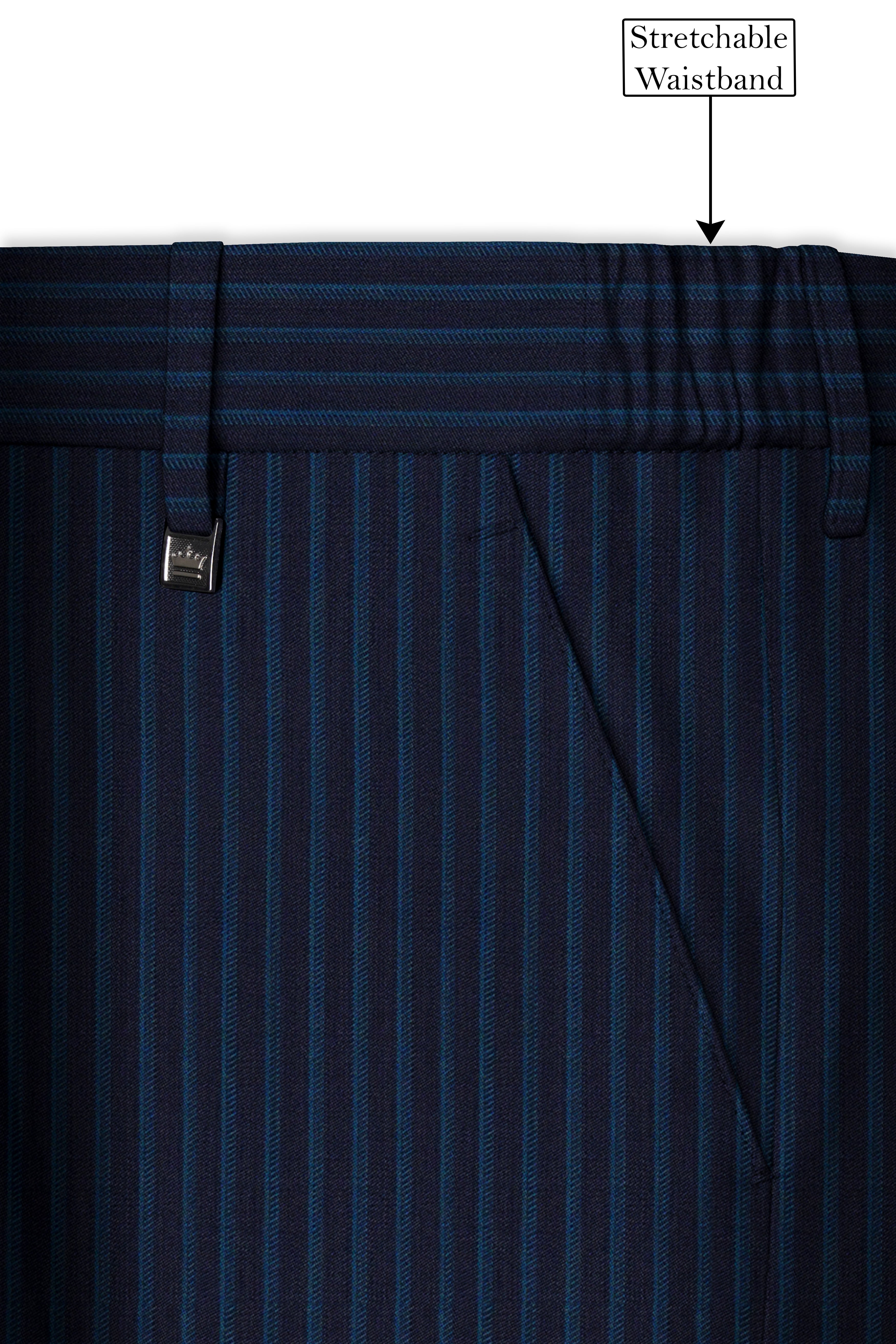 Ebony Blue and Marine Blue Pinstriped Wool Rich Stretchable Waistband Pant
