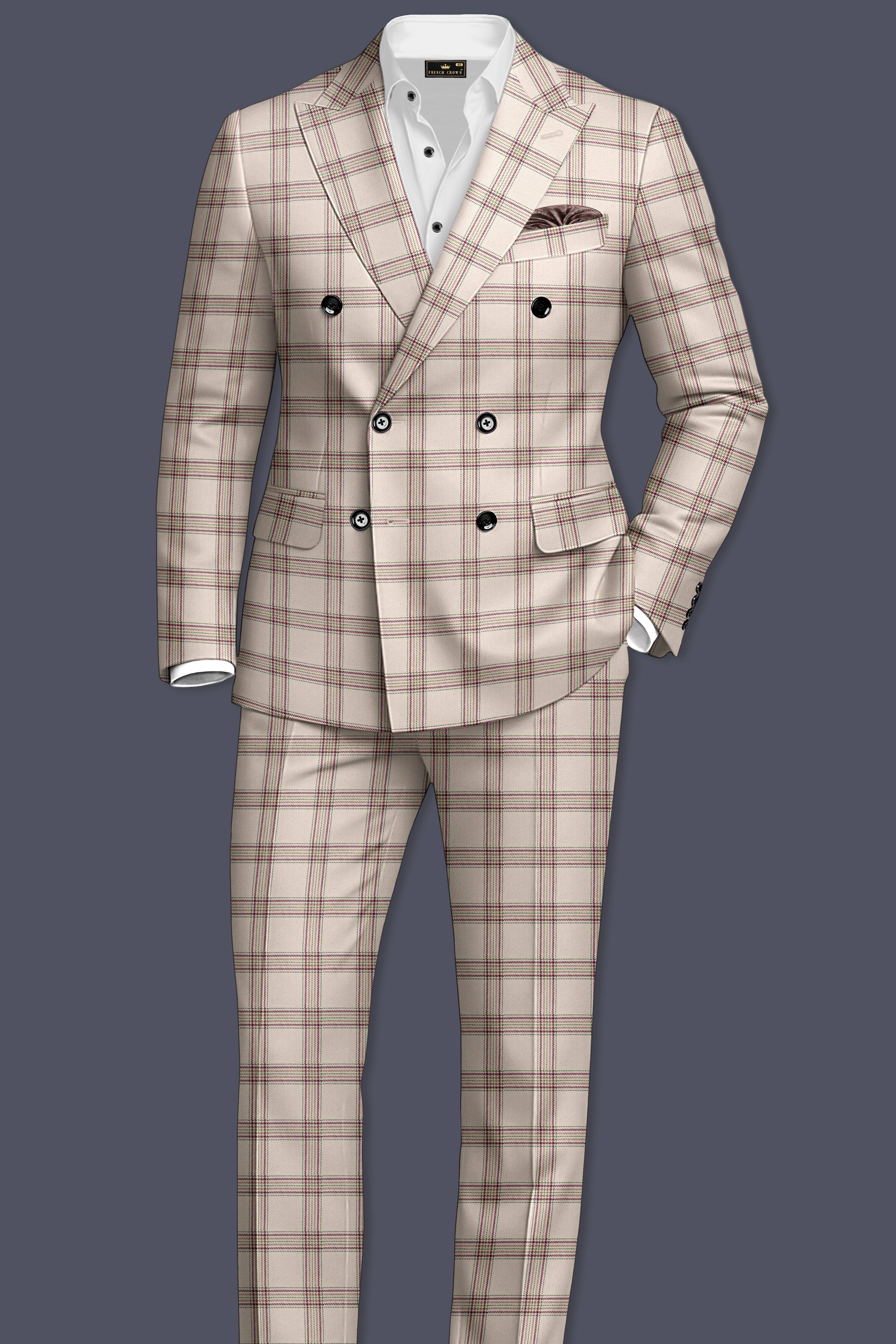 Swirl Cream with Maroon and Green windowpane Tweed Pant