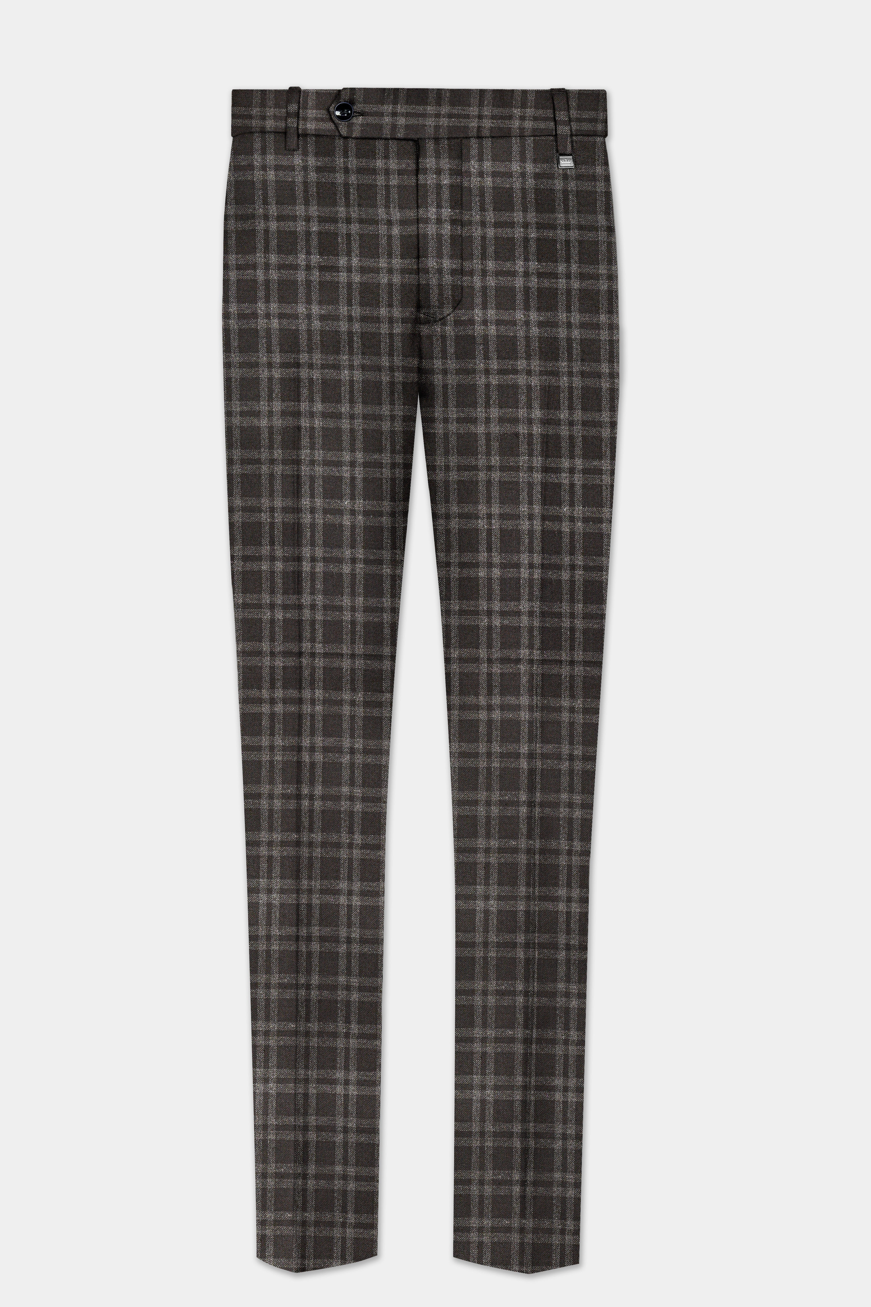 Espresso Brown Plaid Wool Blend Stretchable Waistband Pant