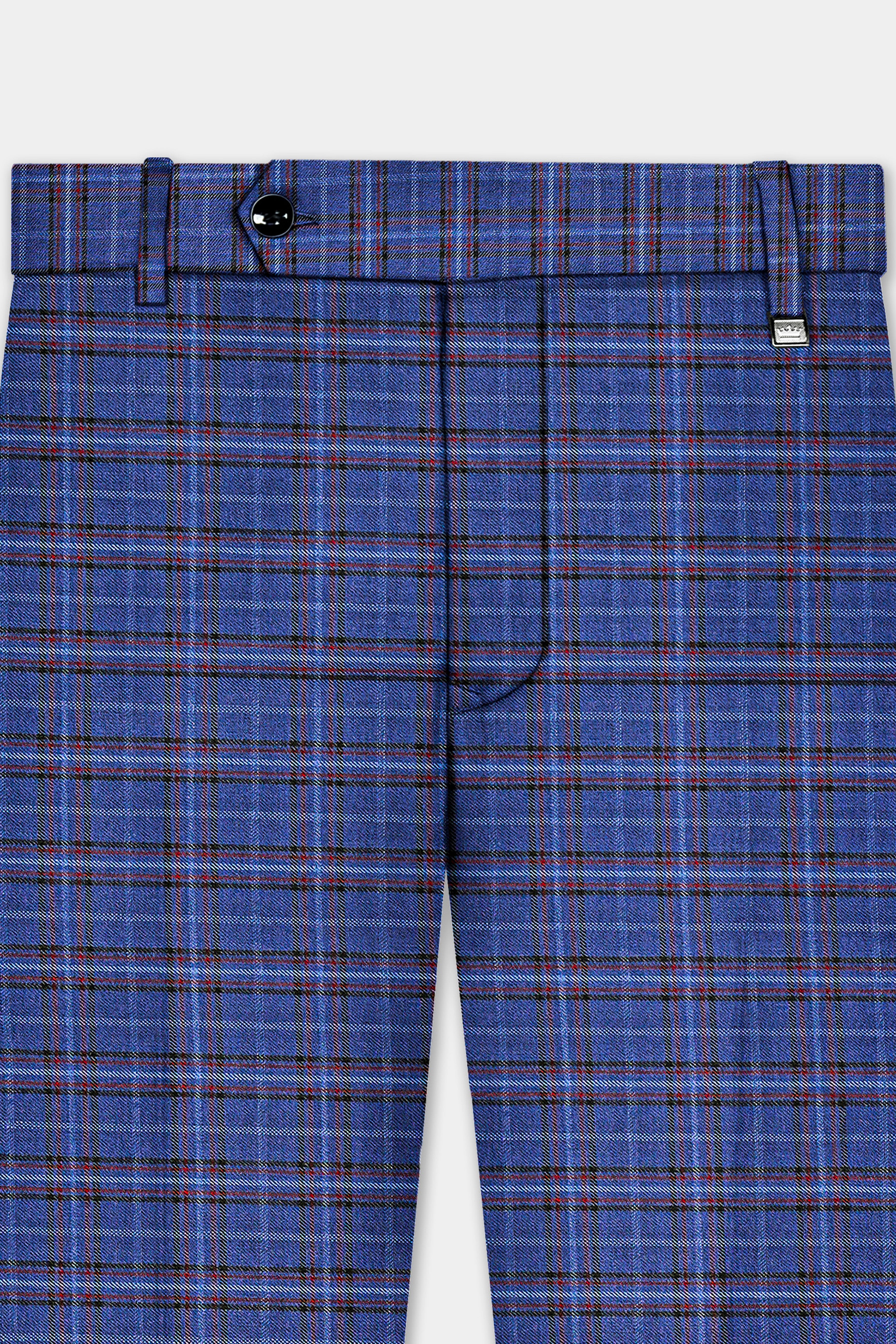 Zodiac Blue Plaid Wool Blend Stretchable Waistband Pant