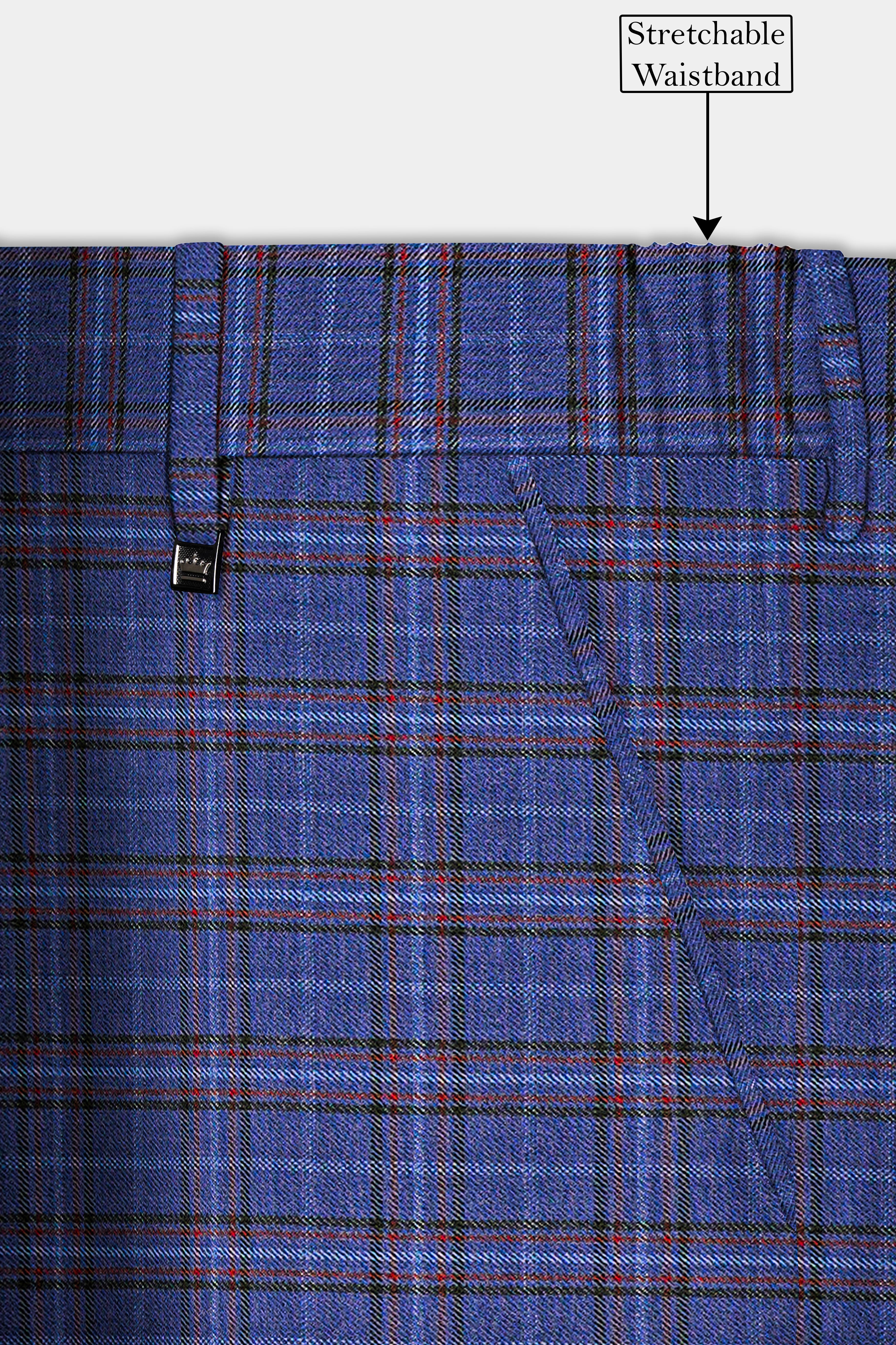 Zodiac Blue Plaid Wool Blend Stretchable Waistband Pant