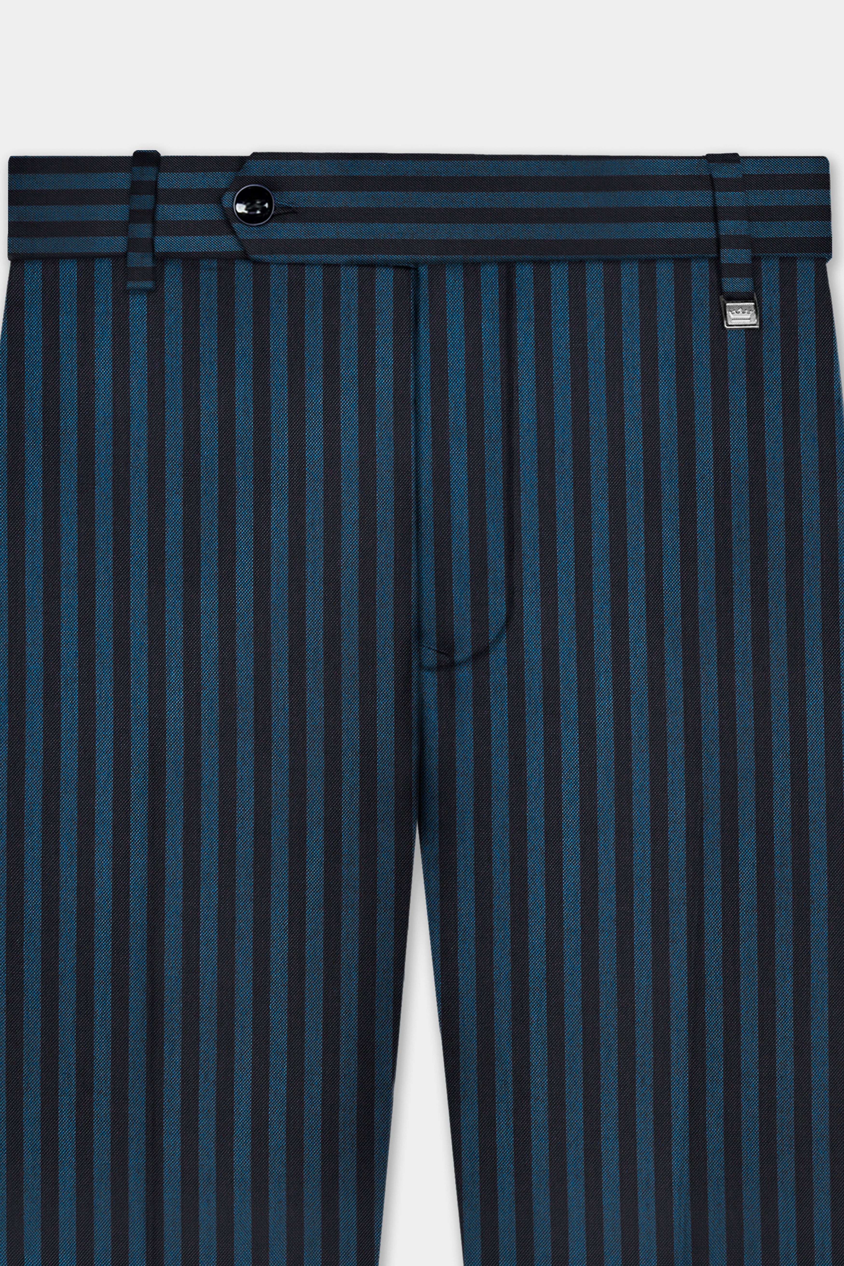 Tiber Blue And Jade Black Striped Wool Blend Stretchable Waistband Pant