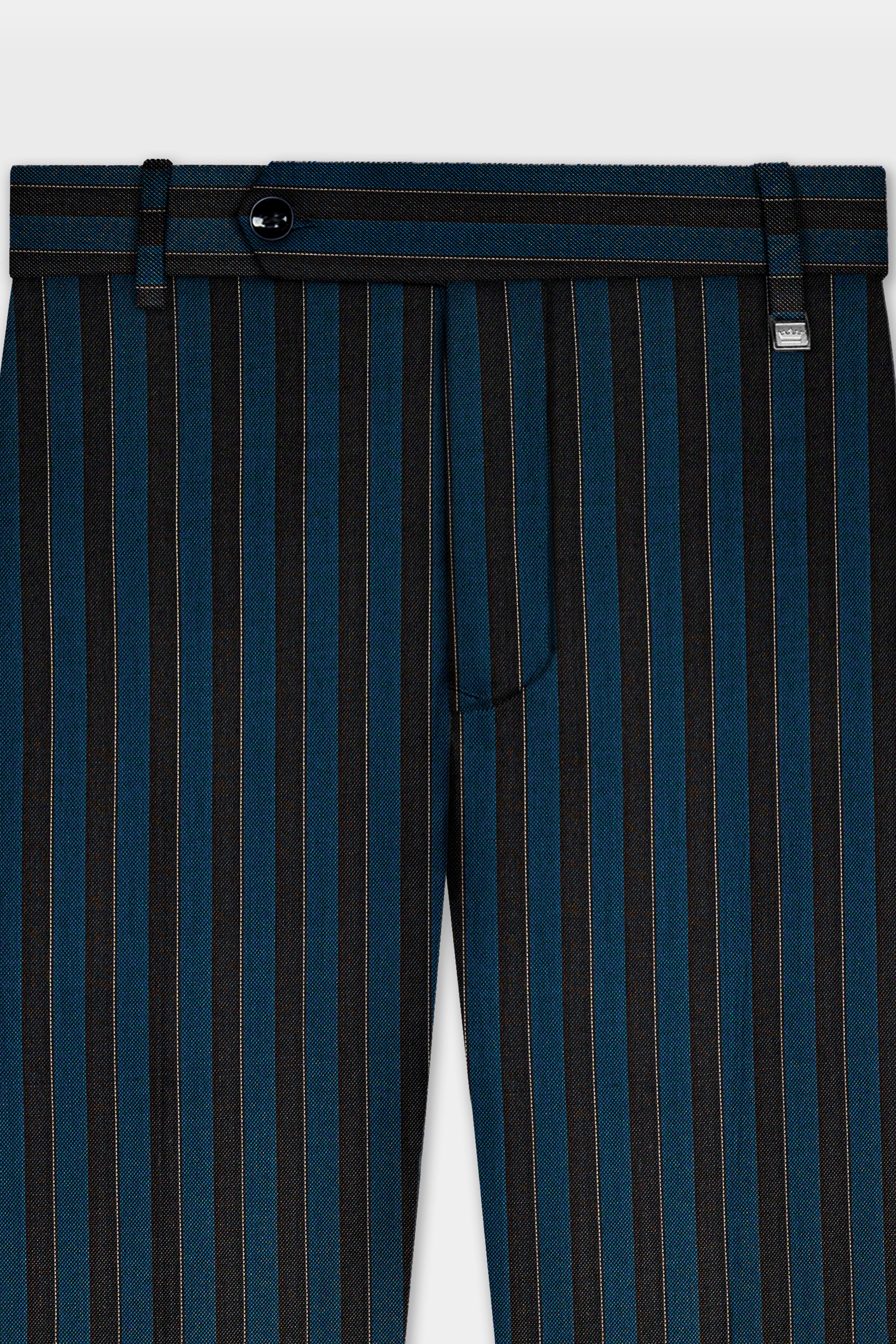 Daintree Blue And Jade Black Striped Wool Blend Stretchable Waistband Pant