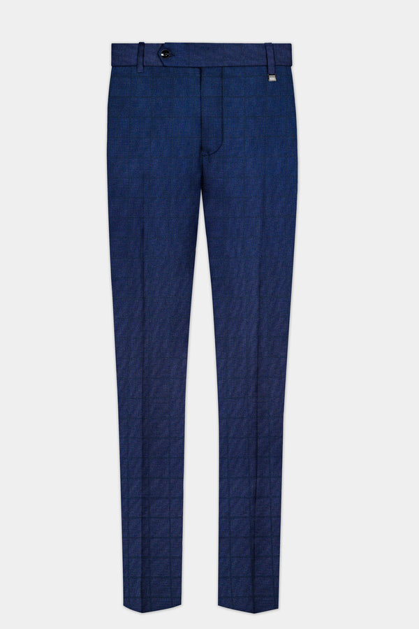 Tealish Blue Plaid Wool Rich Stretchable Waistband Pant