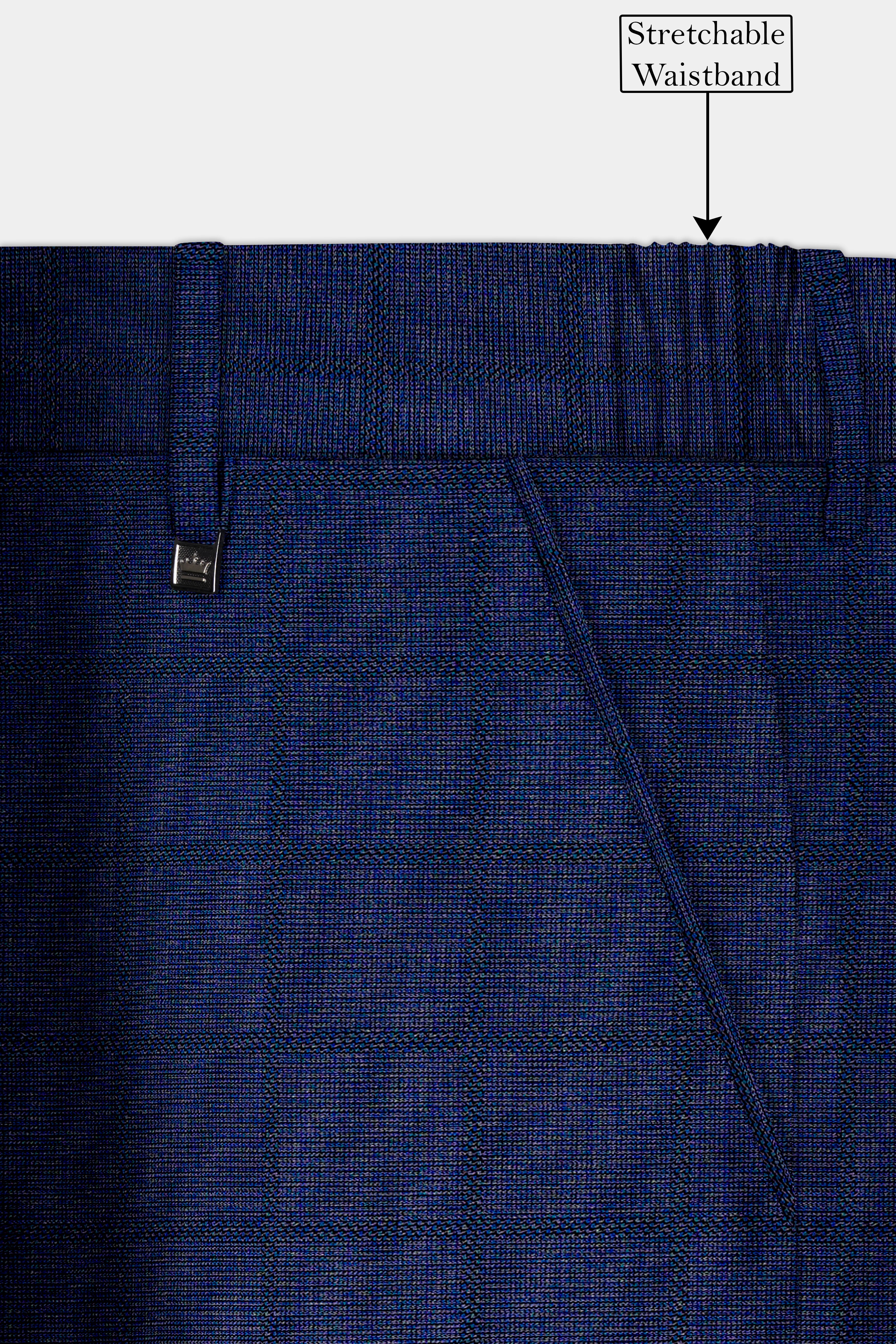 Tealish Blue Plaid Wool Rich Stretchable Waistband Pant