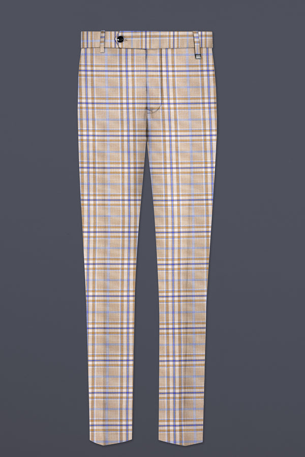 Orchid Cream And Wild Blue Plaid Wool Rich Stretchable Waistband Pant