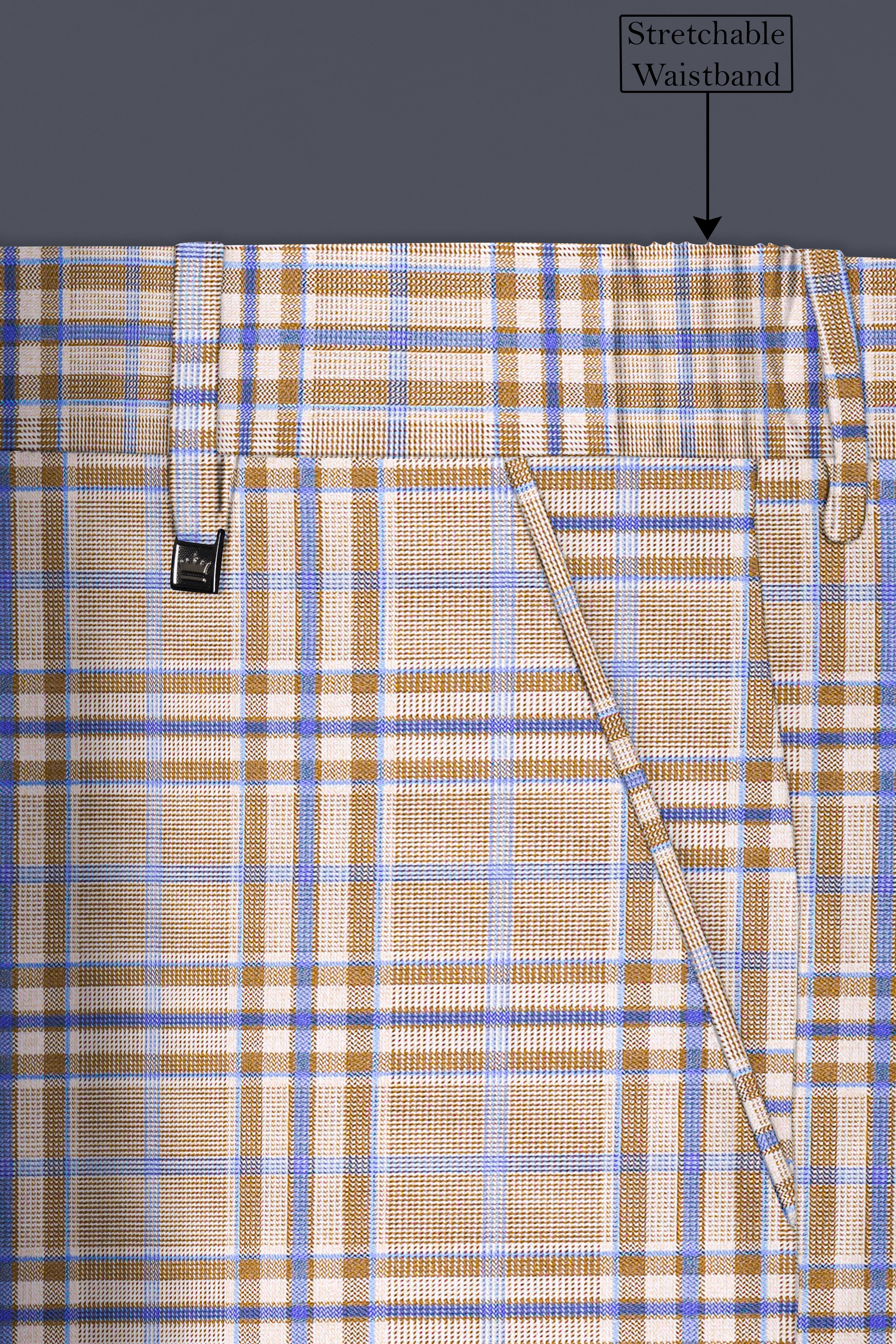 Orchid Cream And Wild Blue Plaid Wool Rich Stretchable Waistband Pant