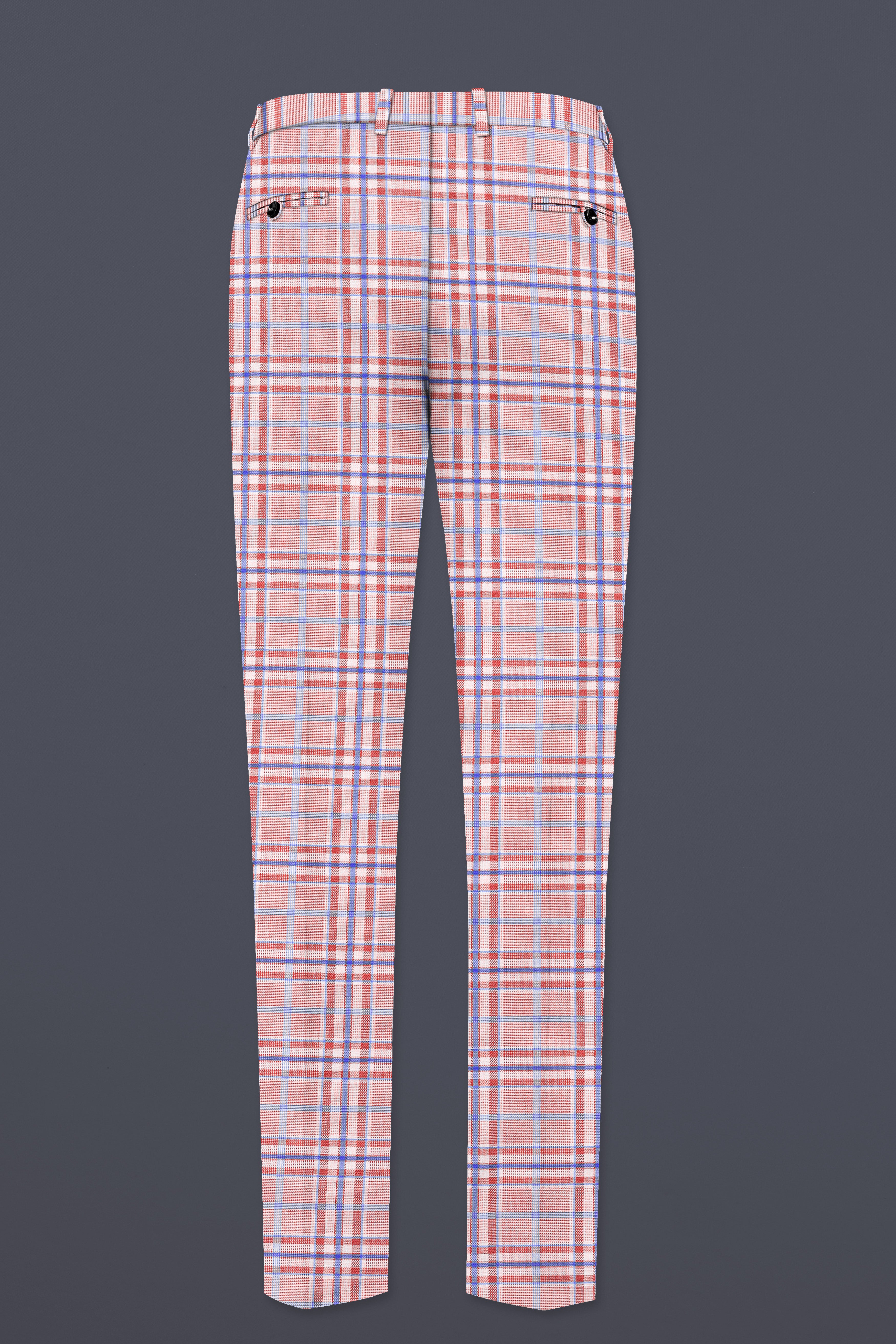 Turkish Rose Pink And Wild Blue Plaid Wool Rich Stretchable Waistband Pant