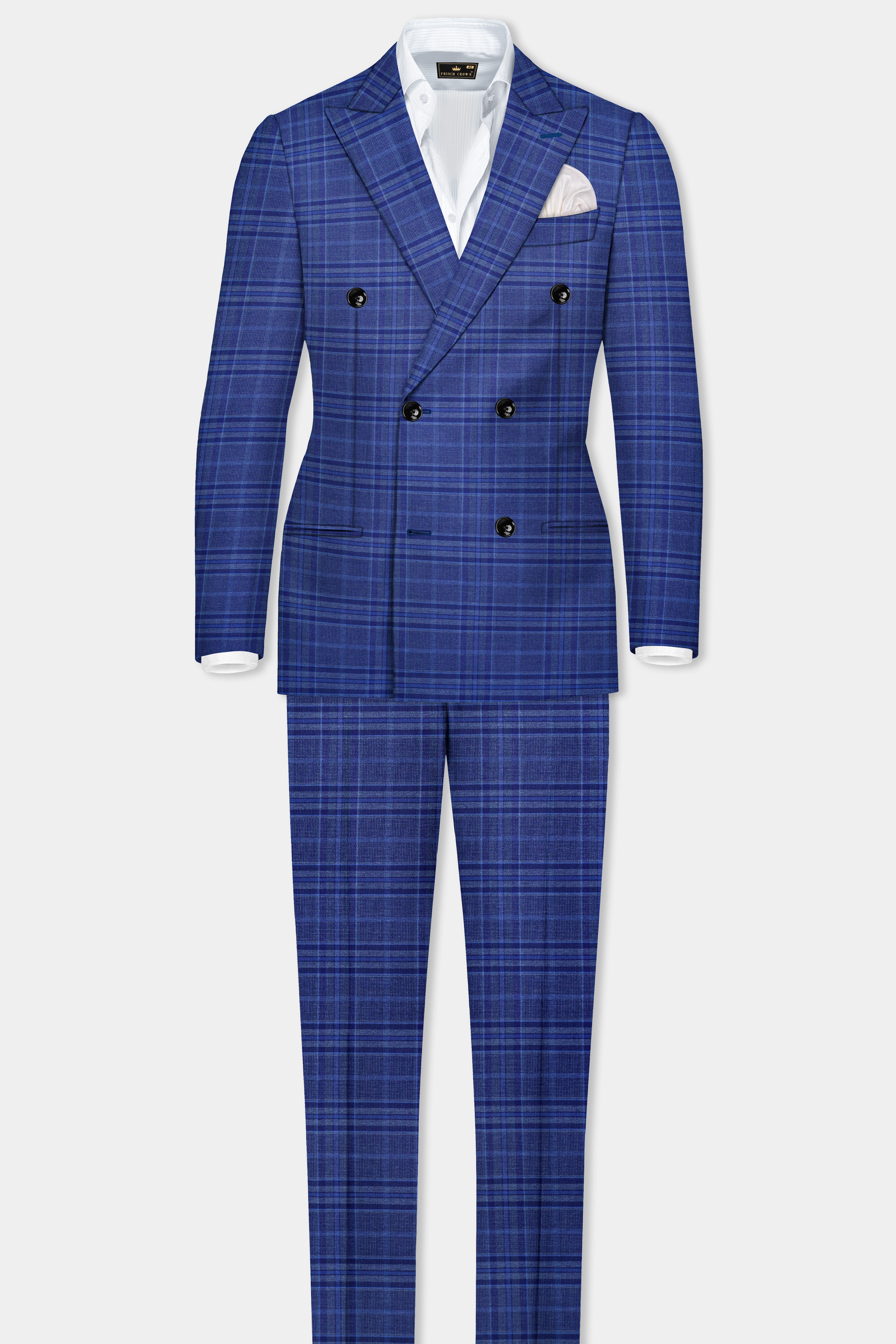 Chambray Blue Plaid Wool Rich Stretchable Waistband Pant