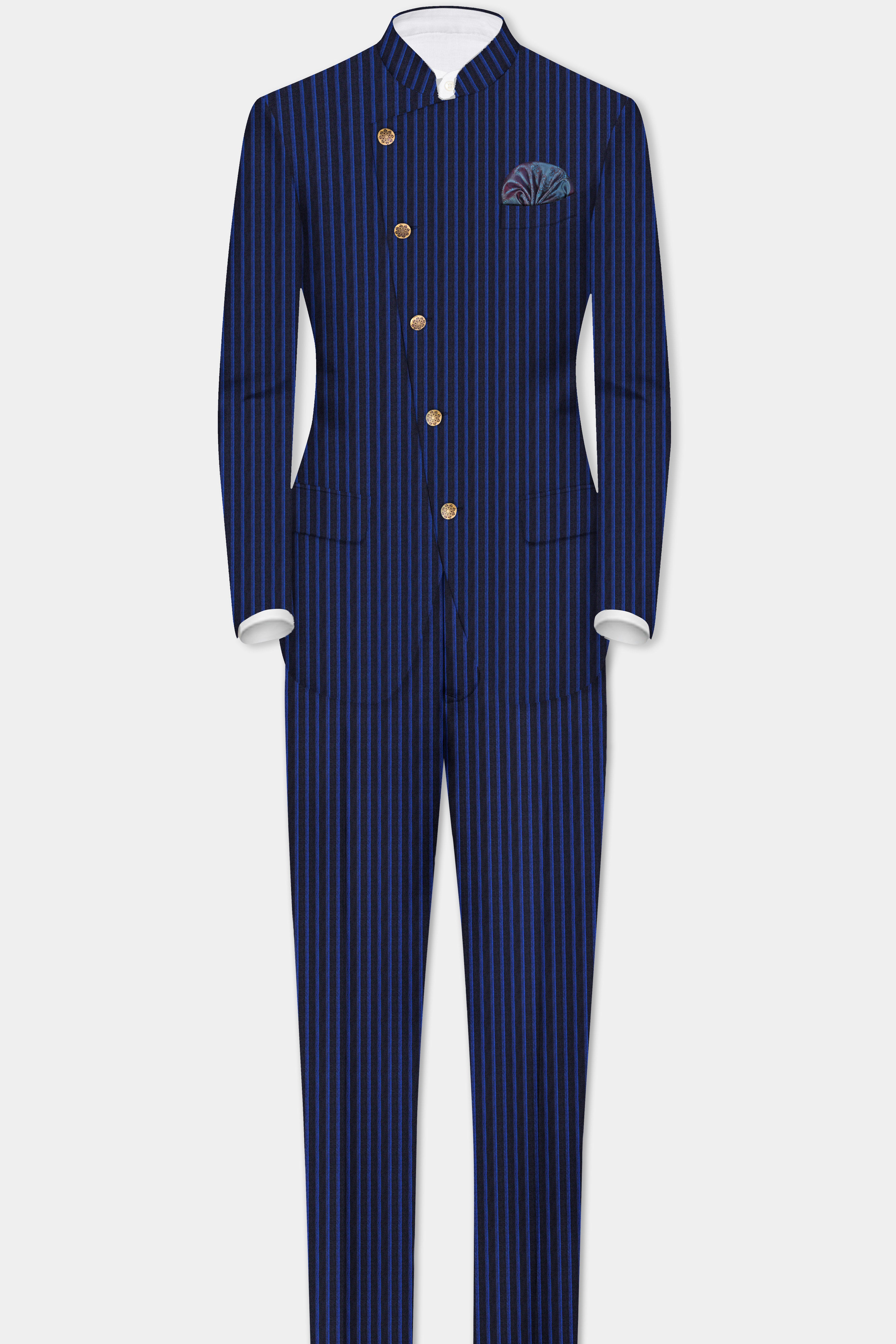 Sapphire Blue And Jade Blue Striped Wool Rich Pant