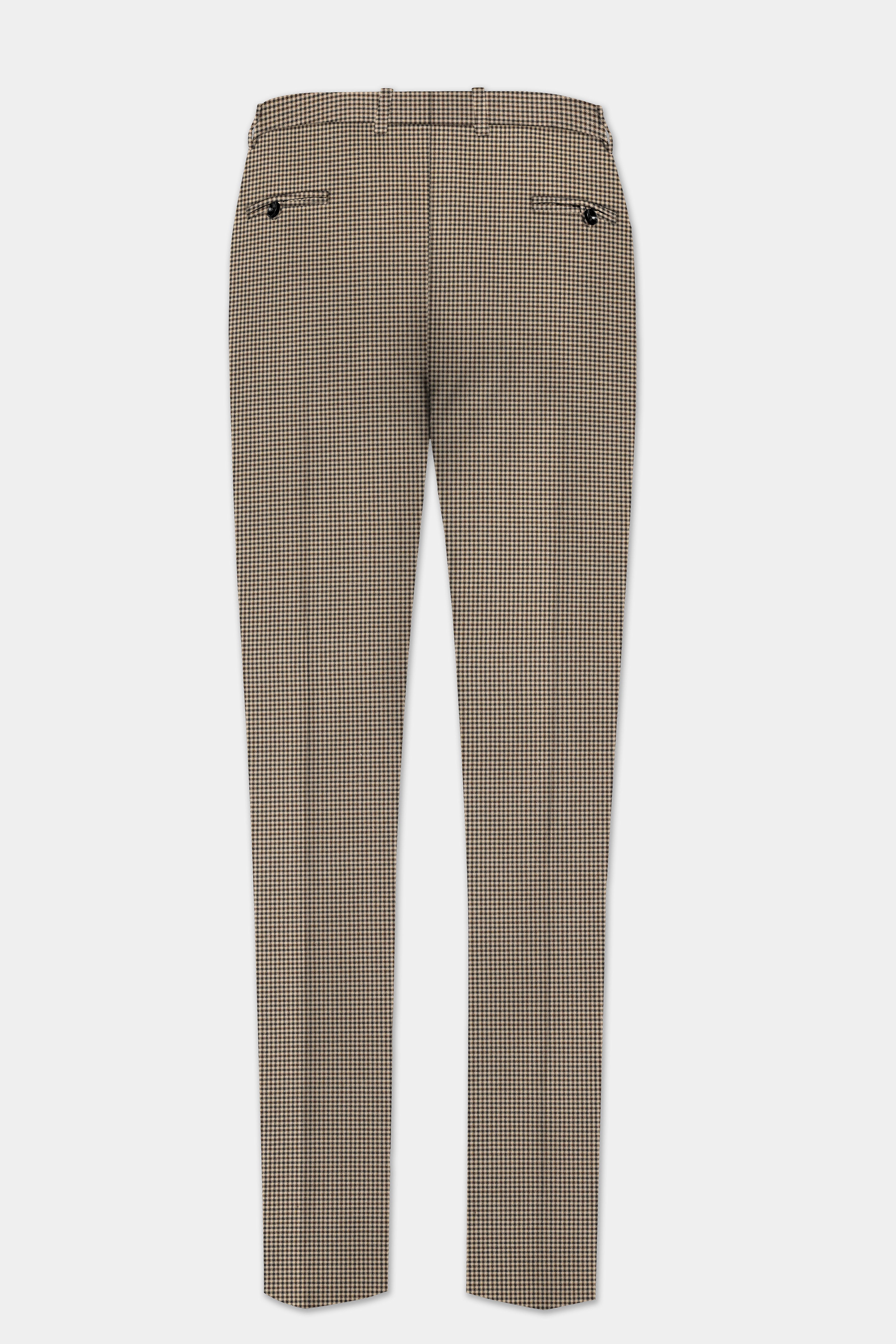 Mocha-Bison Cream And Swirl Brown Gingham Checked Wool Rich Stretchable Waistband Pant