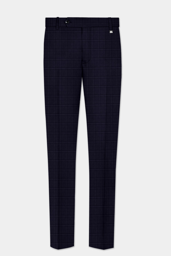 Sapphire Grid-Mirage Blue Plaid Wool Rich Stretchable Waistband Pant