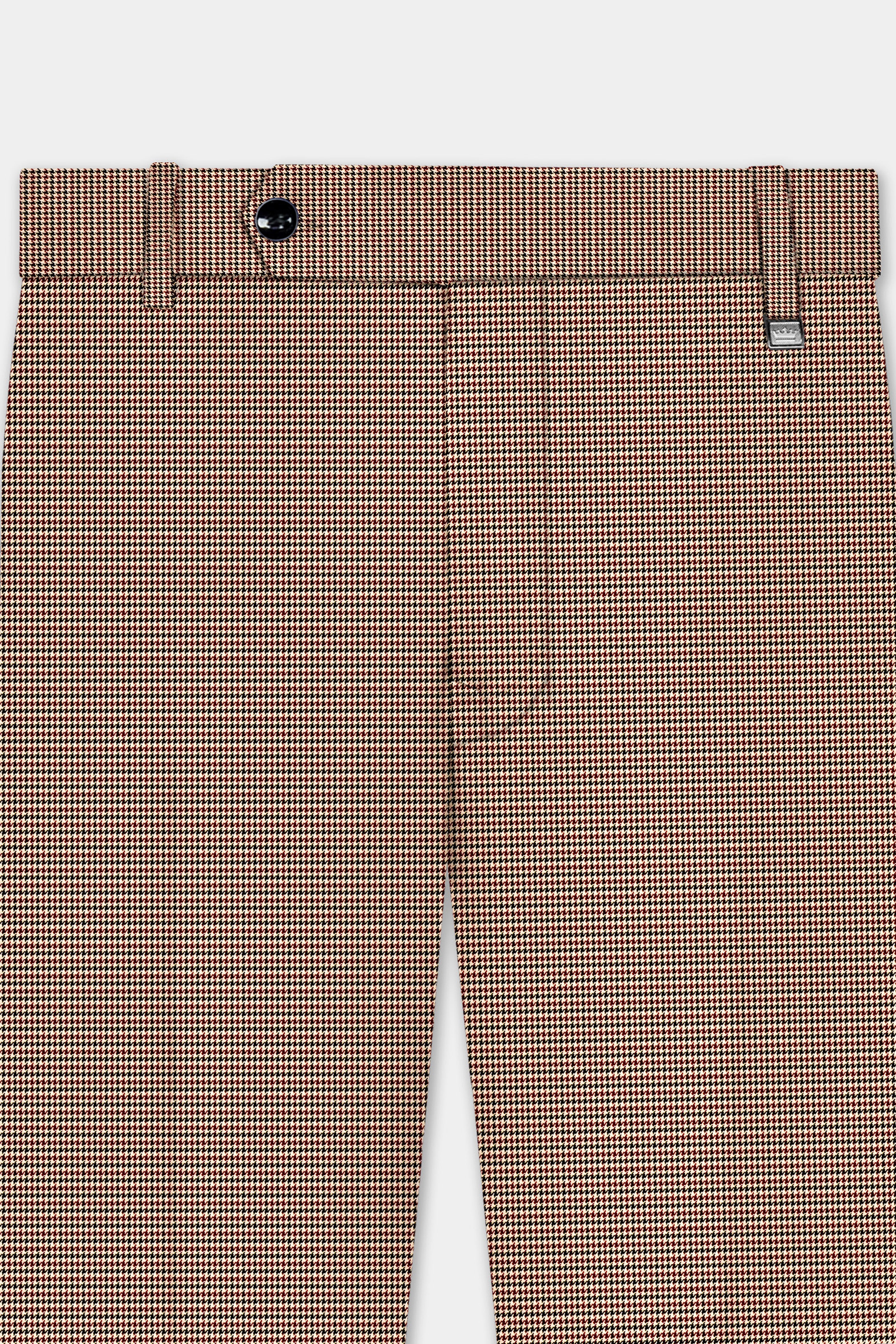 Majestic Rouge-Lotus Red And Almond Cream houndstooth Textured Wool Rich Stretchable Waistband Pant