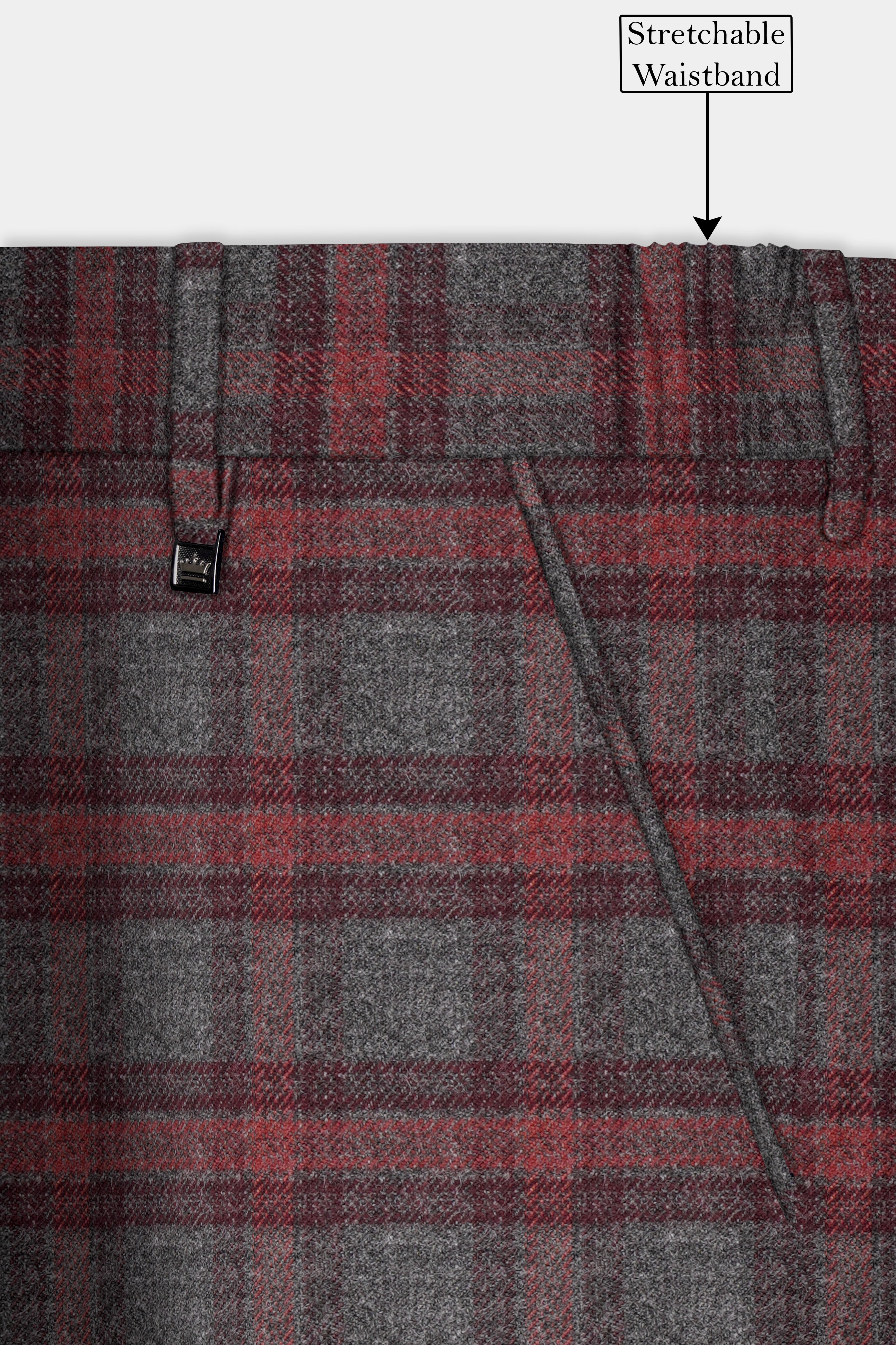 Tuscany-Chicago Gray And Tosca Red Plaid Tweed Stretchable Waistband Pant