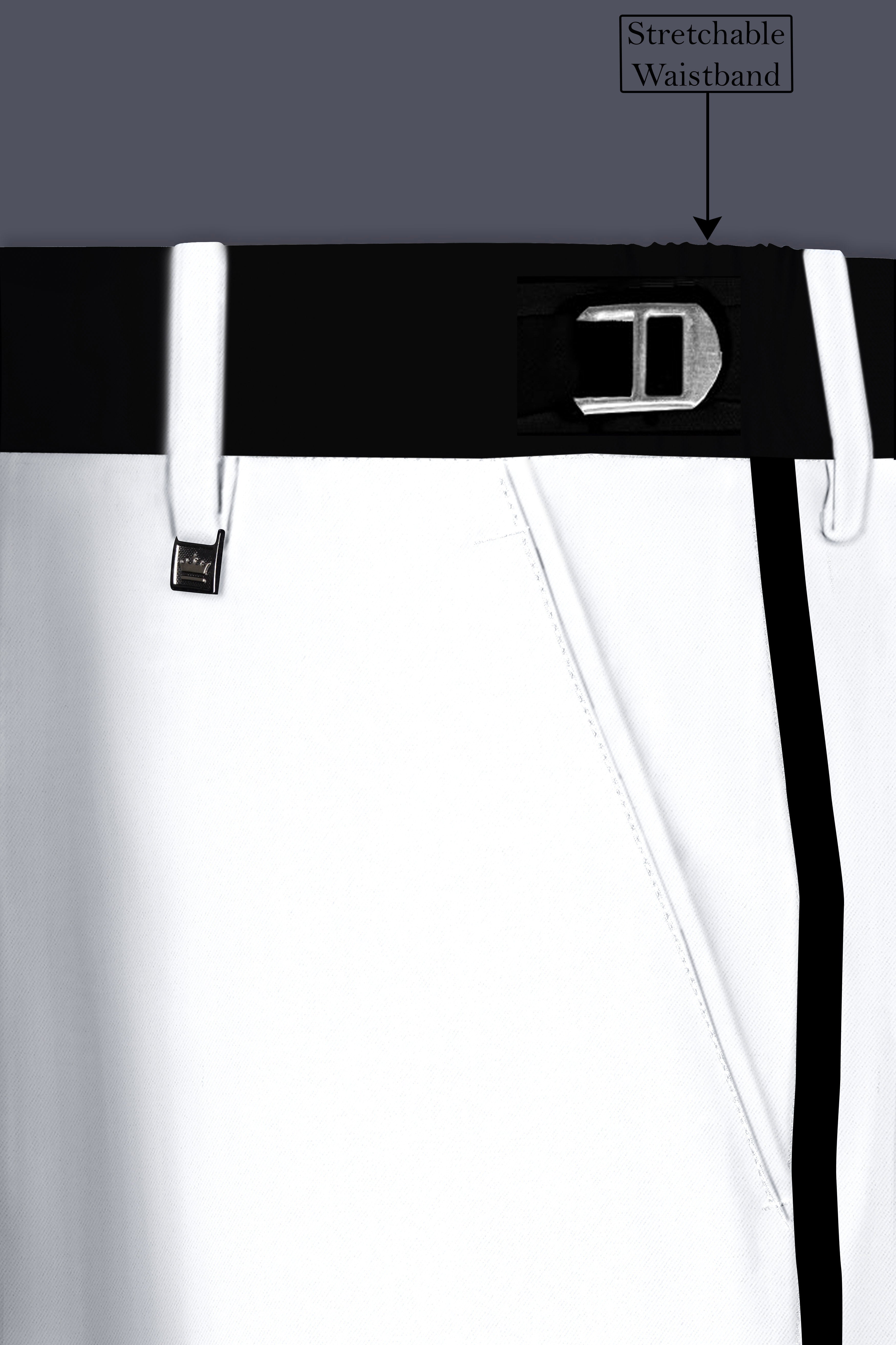 Zenith-Bright White Stretchable Subtle Sheen with Black Border Patterned Stretchable Waistband Pant