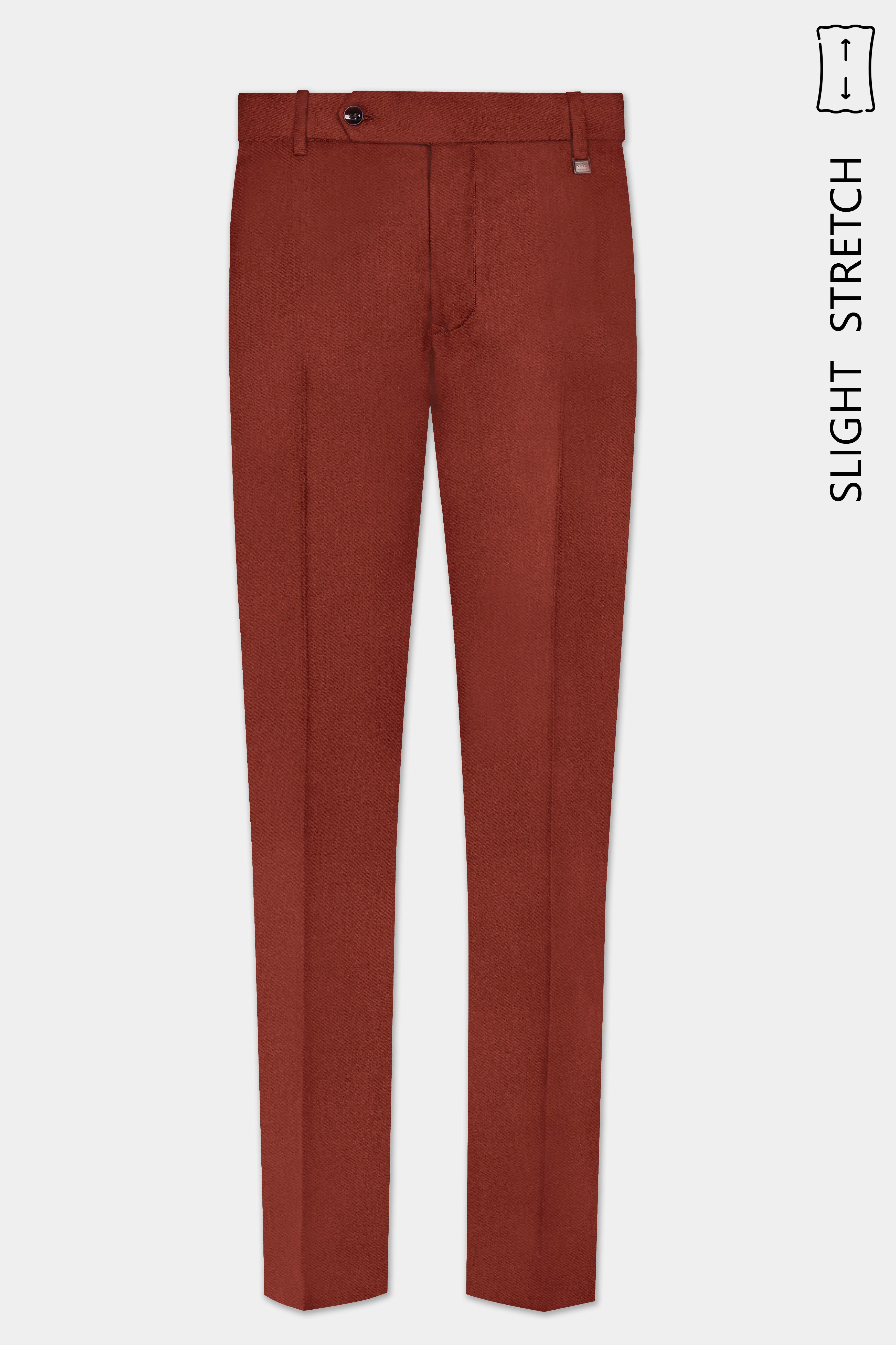 Inferno Rust-Brick Red Solid Wool Rich Slight Stretch Waistband Pant