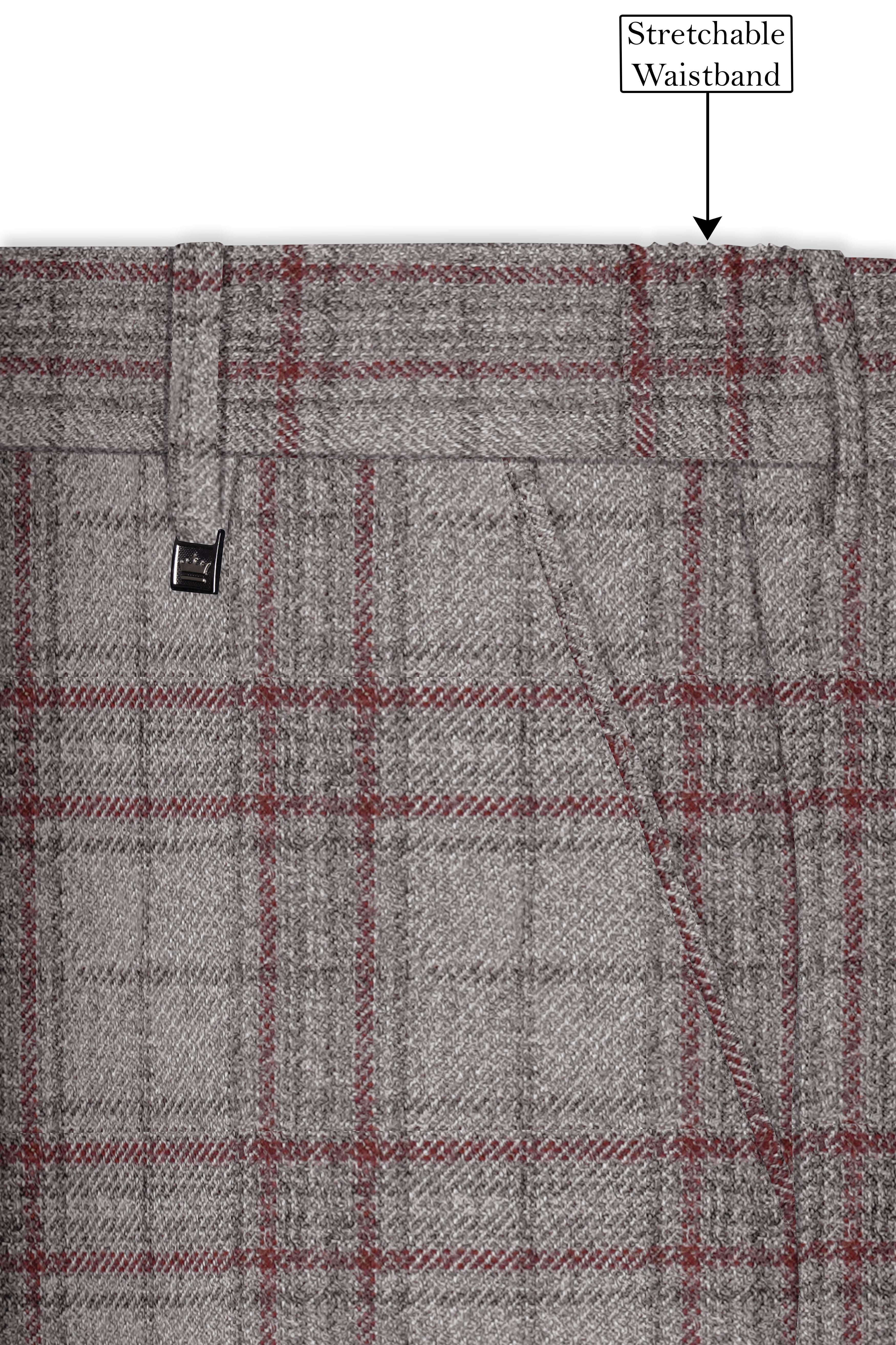 Fogwin-Warm Gray Plaid Wool Rich Stretchable Waistband Pant