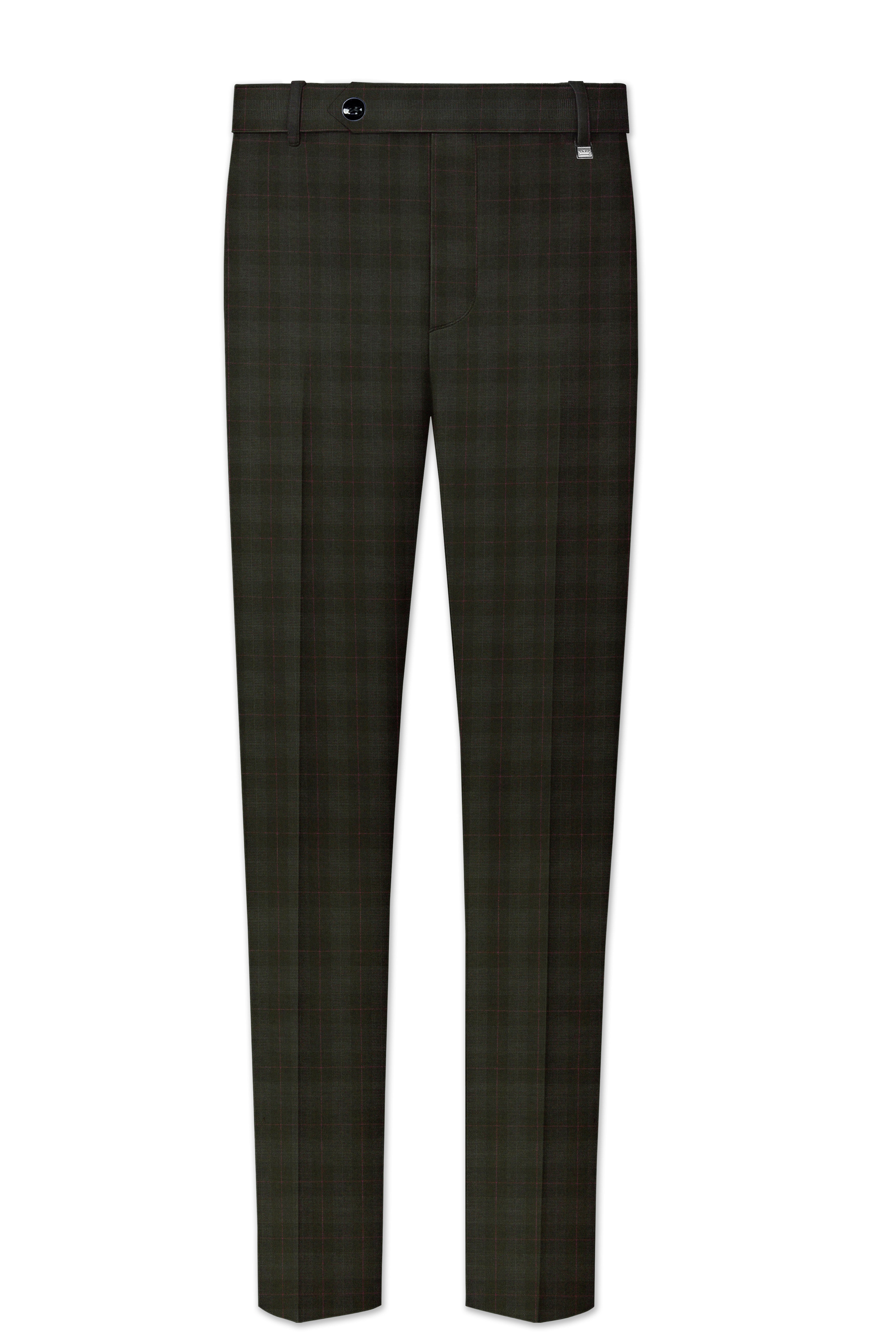 Viricheck-Birch Green Windowpane Wool Rich Stretchable Waistband Pant