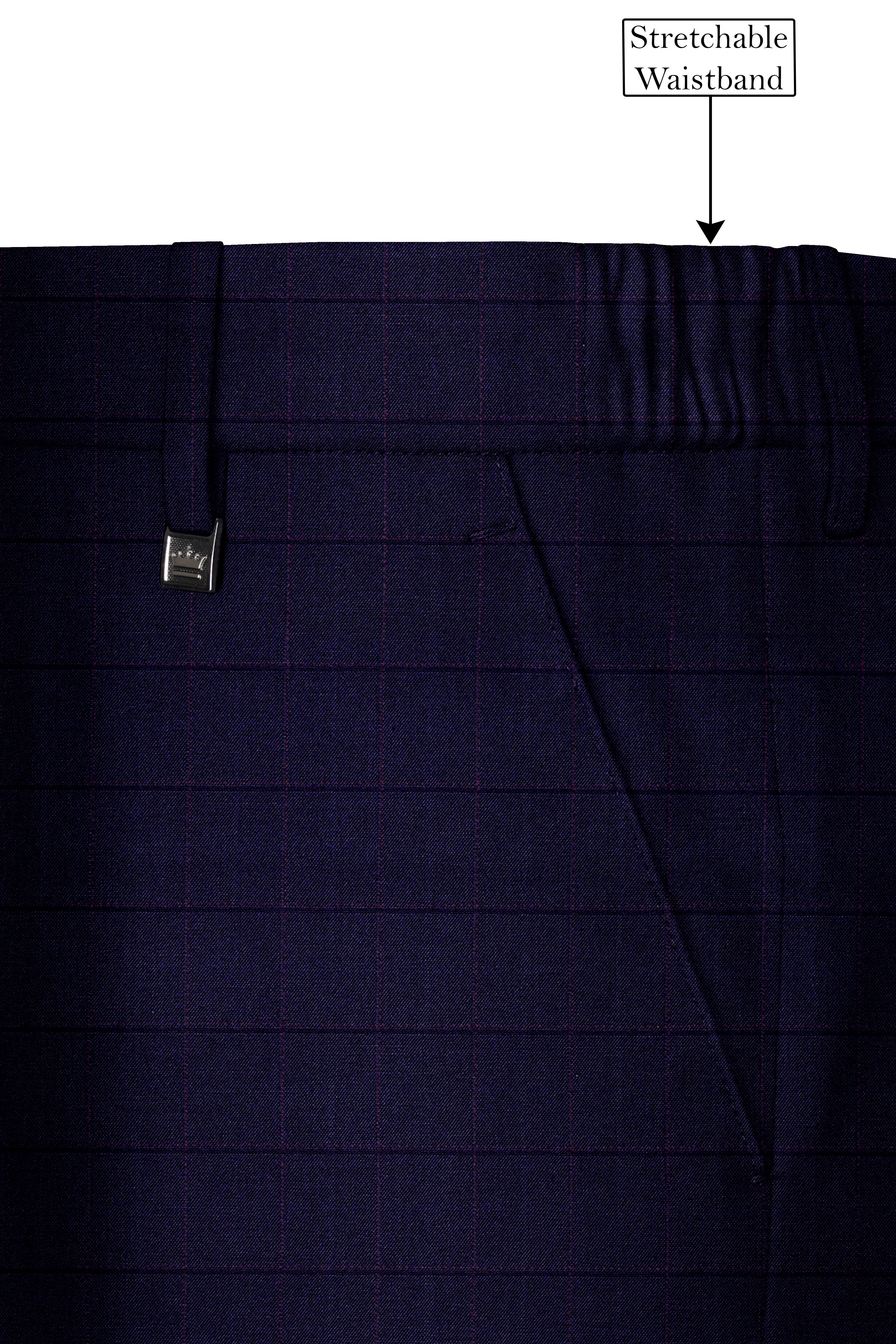 Azurane-Ebony Blue Windowpane Wool Rich Stretchable Waistband Pant