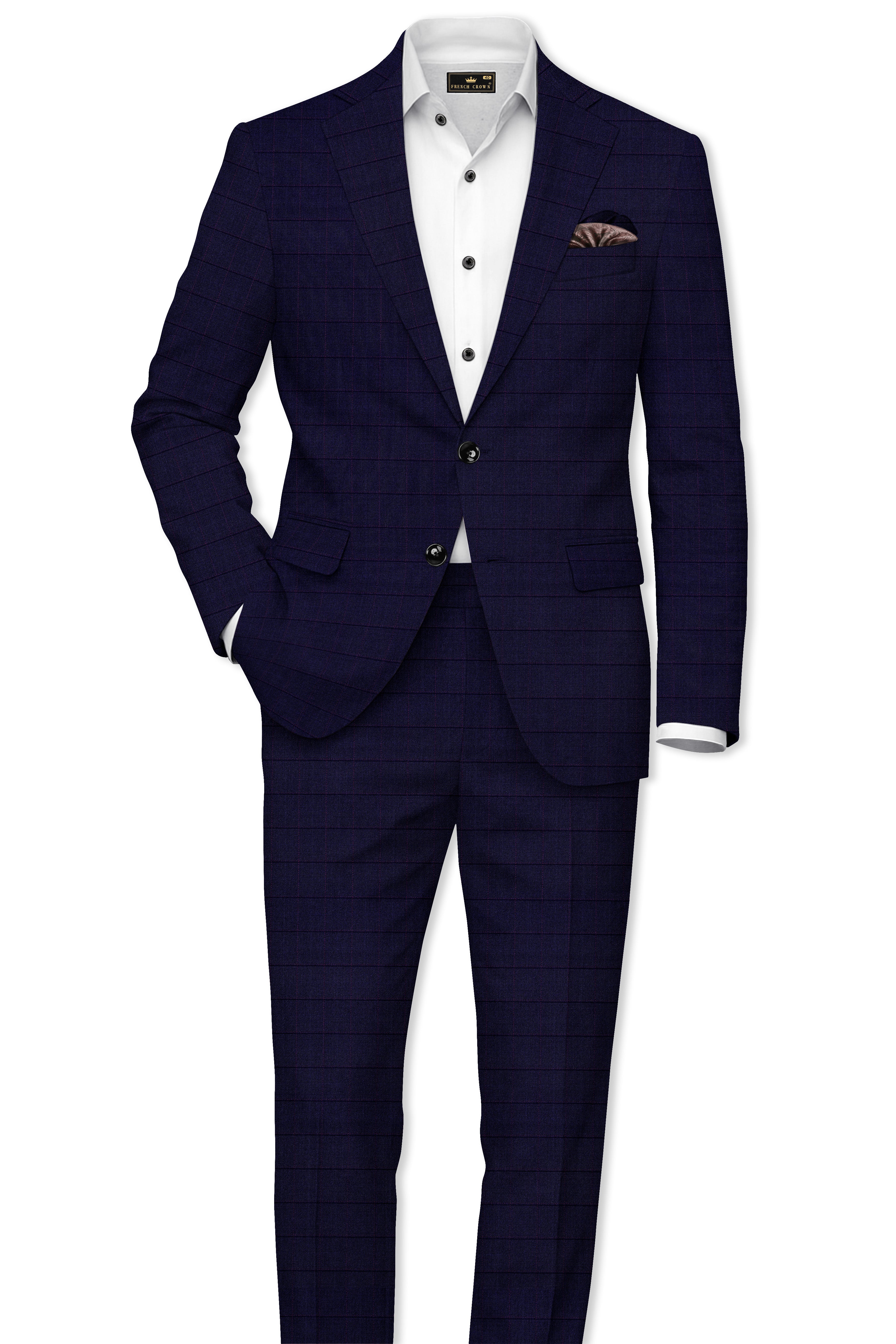Azurane-Ebony Blue Windowpane Wool Rich Stretchable Waistband Pant