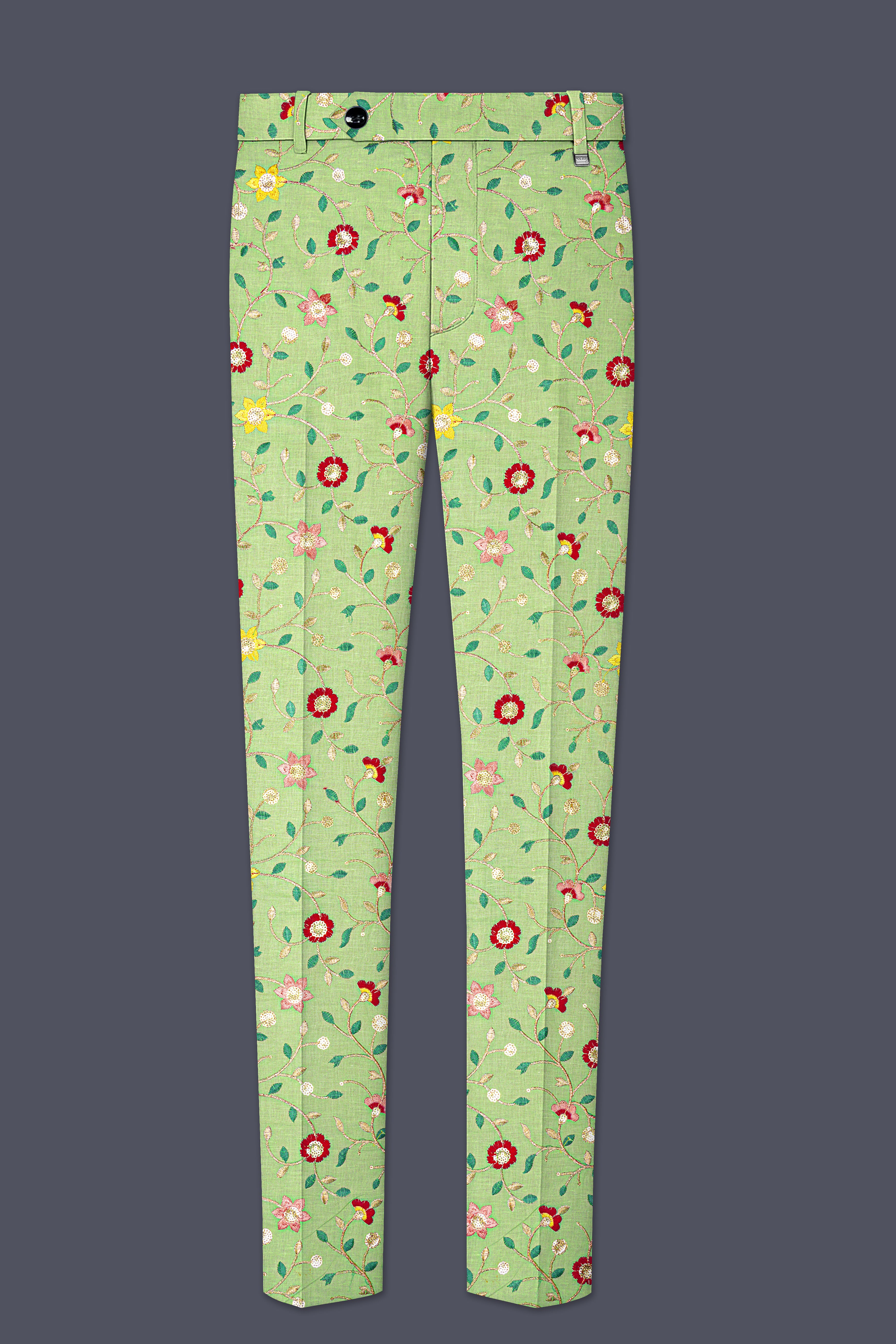Verdoria-Hampton Green and Beryl Red Floral Multicolour Cotton Thread Embroidered Designer Stretchable Waistband Pant