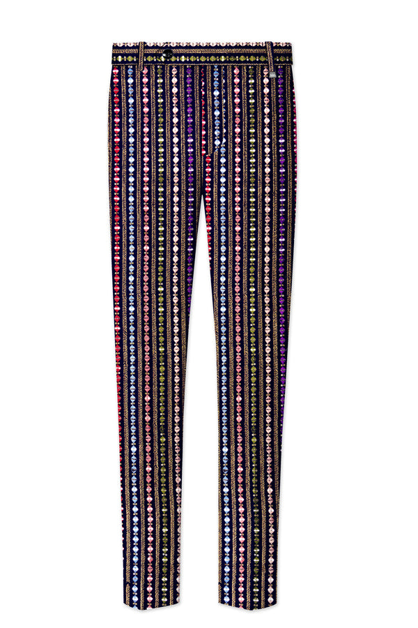 Lumivon-Ebony Blue and Cerise Pink Vertical Thread and Sequin Embroidered Designer Stretchable Waistband Pant