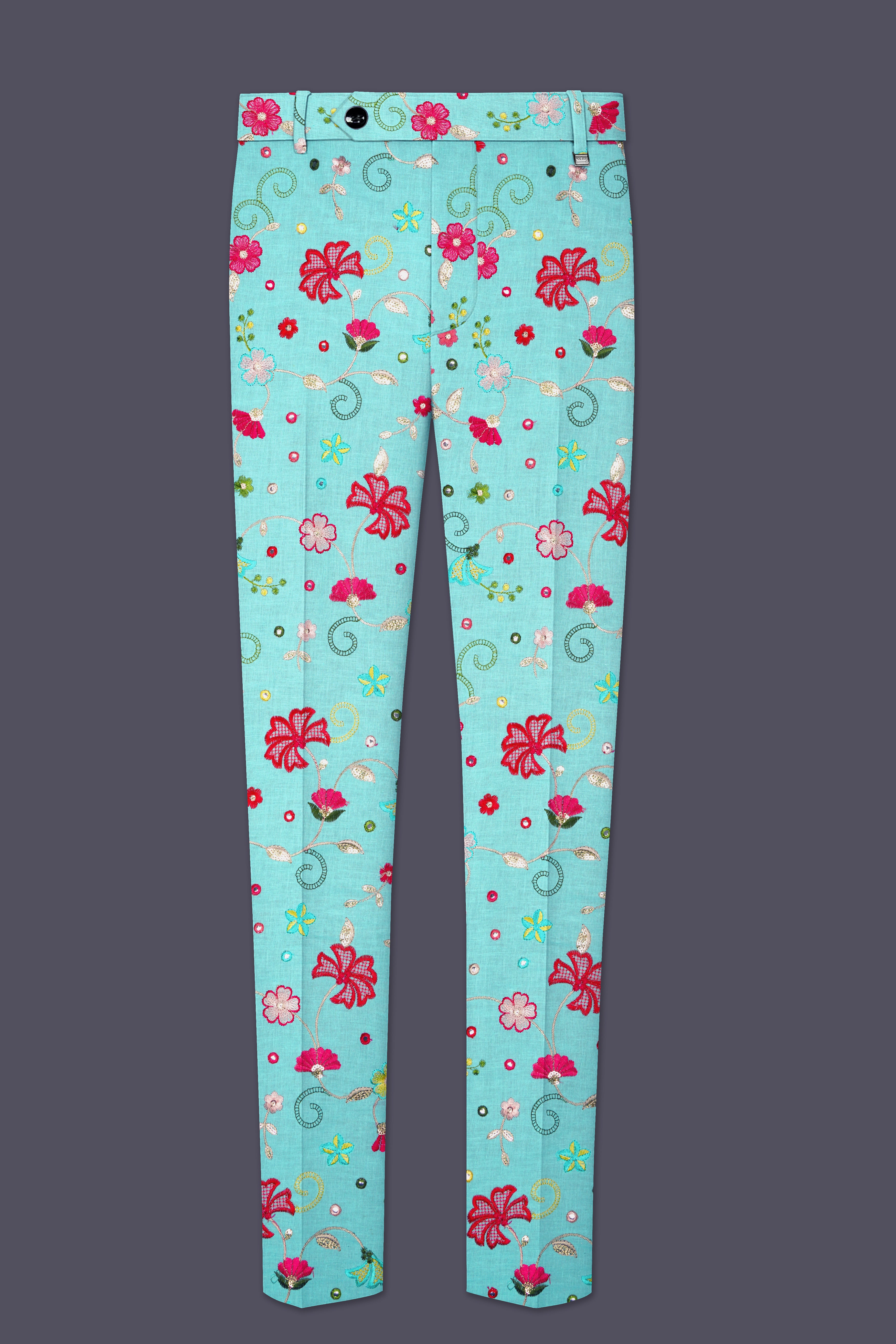 Rosavon-Cyan Blue and Charm Pink Floral Cotton Thread Embroidered Designer Stretchable Waistband Pant