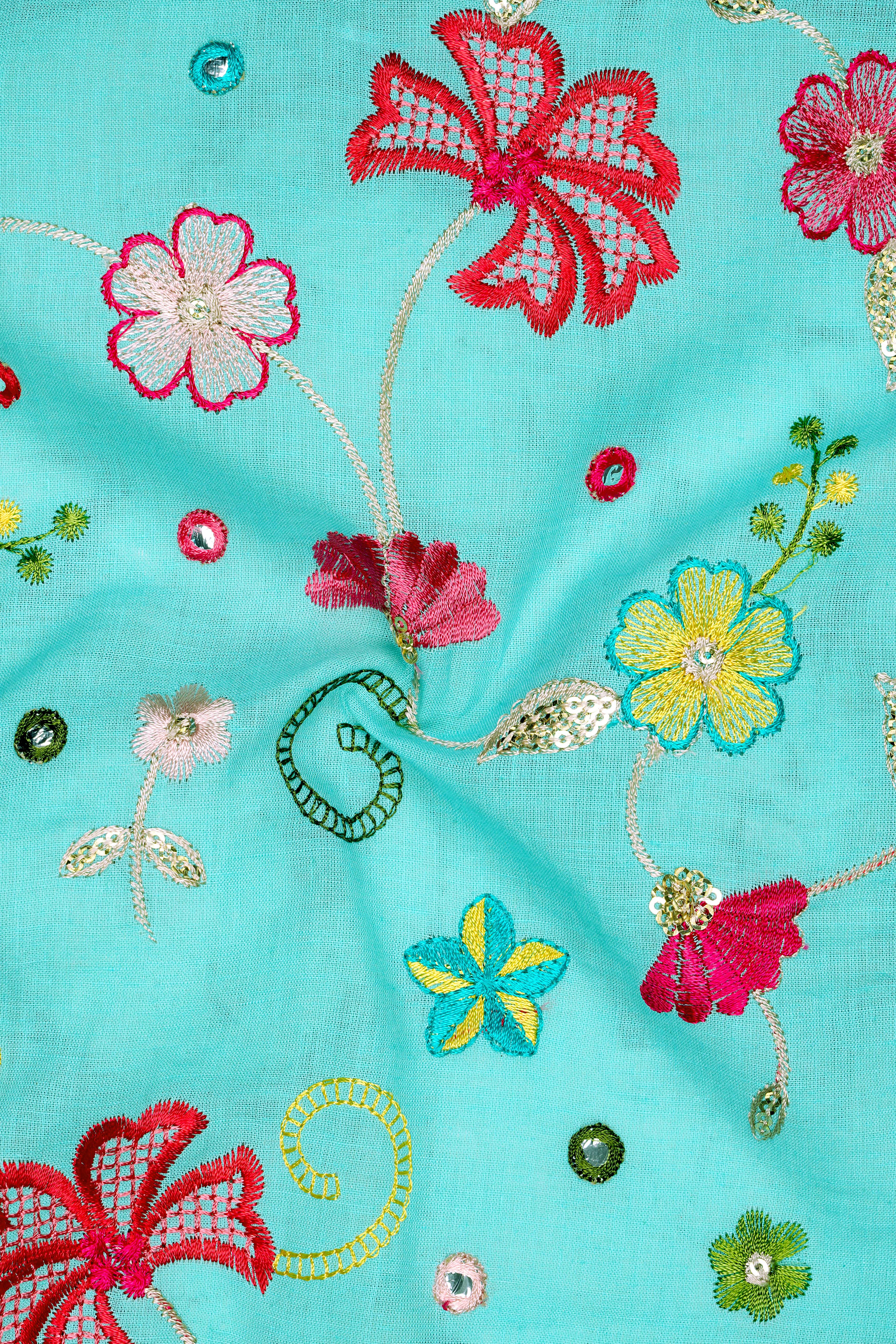 Rosavon-Cyan Blue and Charm Pink Floral Cotton Thread Embroidered Designer Stretchable Waistband Pant