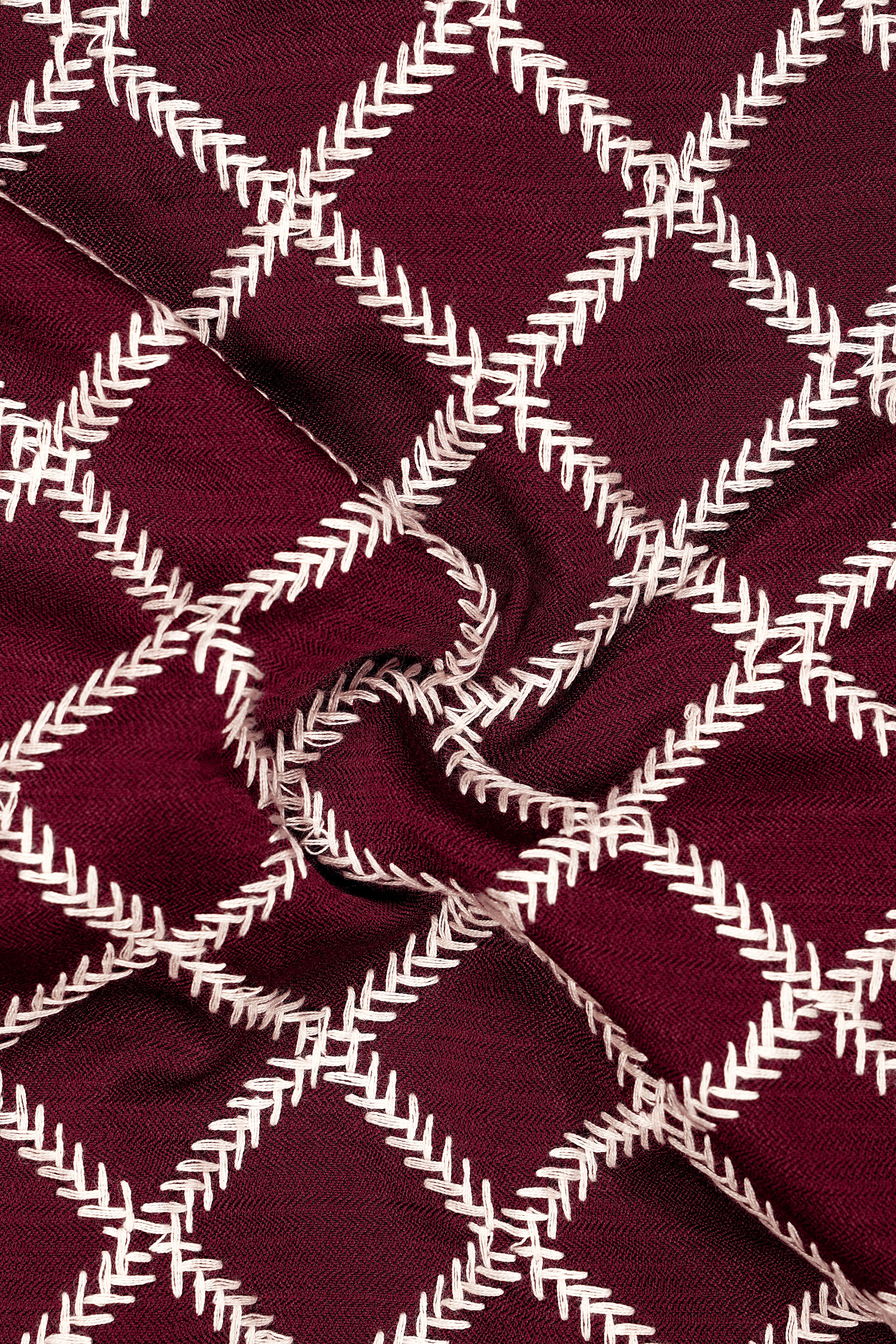 Viscara-Aubergine Maroon Geometric Pattern Thread Embroidered Viscose Designer Stretchable Waistband Pant