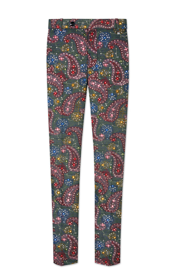 Paisora-Nickel Gray and Brink Pink Paisley Cotton Thread Embroidered Designer Stretchable Waistband Pant